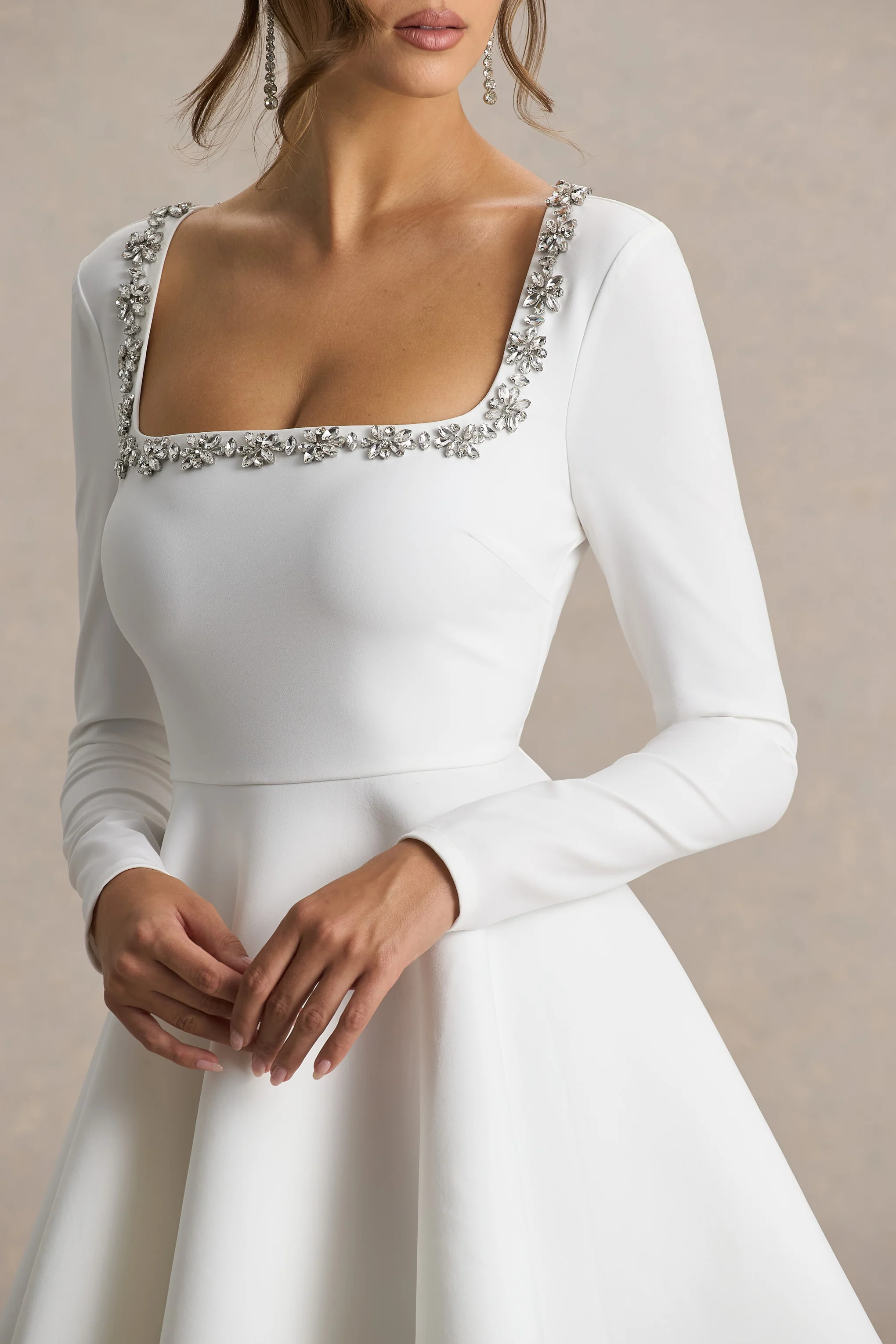 Astonish | White Long-Sleeve Embellished Mini Dress With Volume Skirt