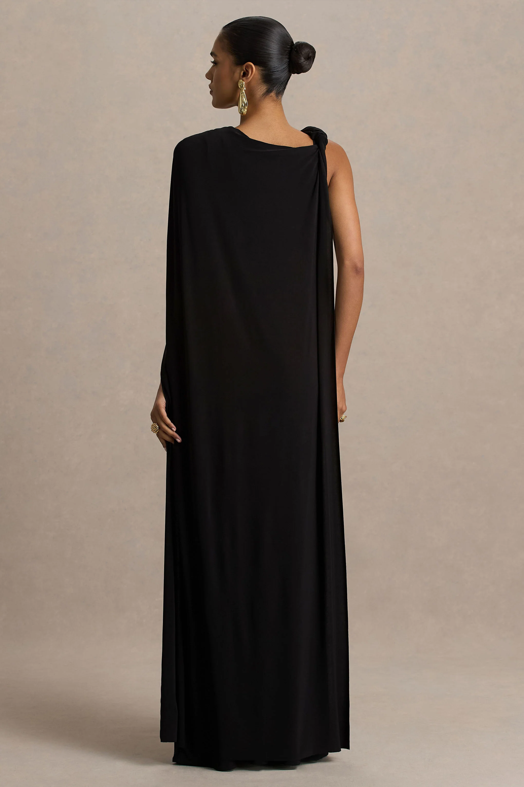 Cressida | Black Asymmetric-Neck Maxi Dress With Cape