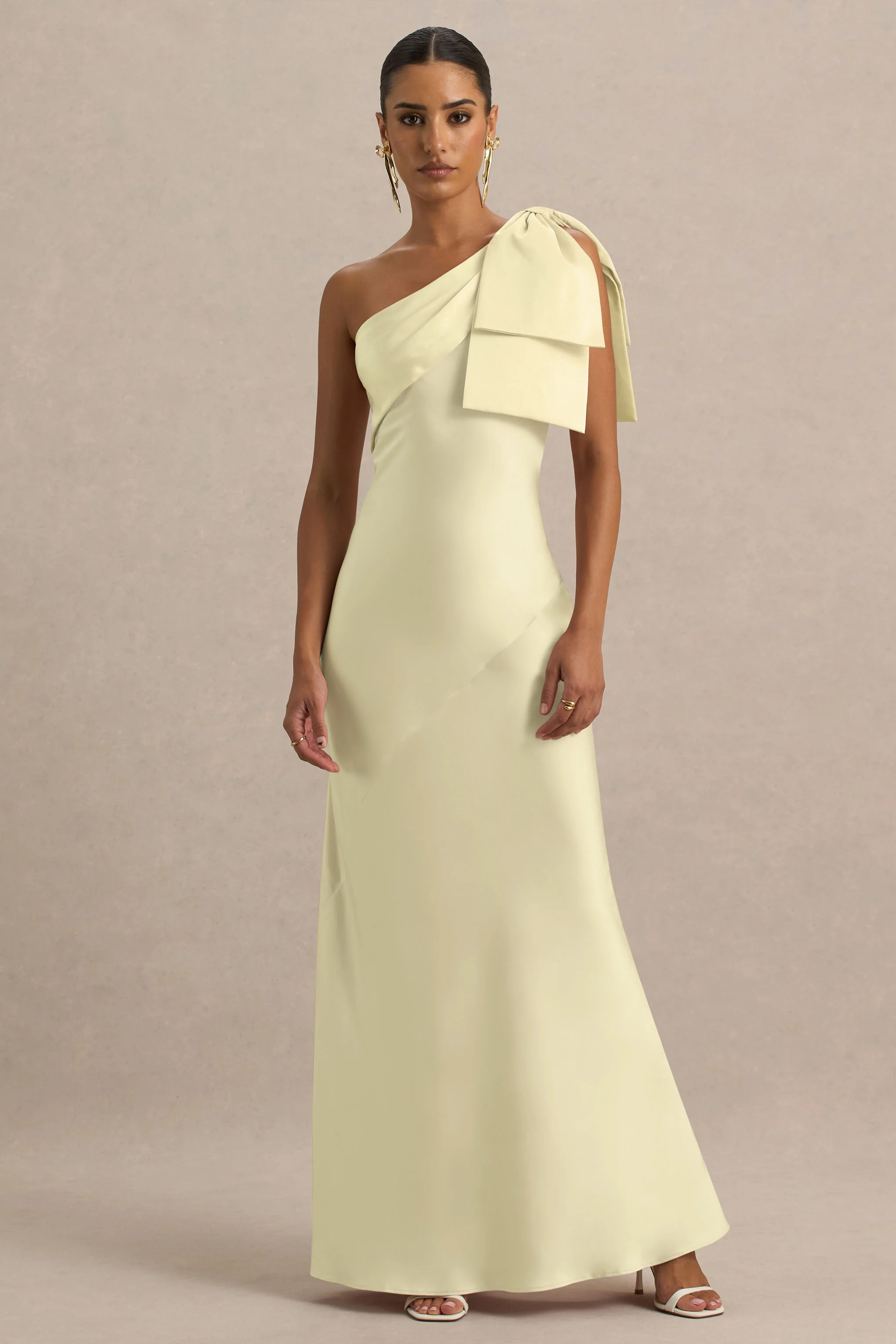 Valerie | Lemon Satin Asymmetric-Neck Maxi Dress With Bow Detail
