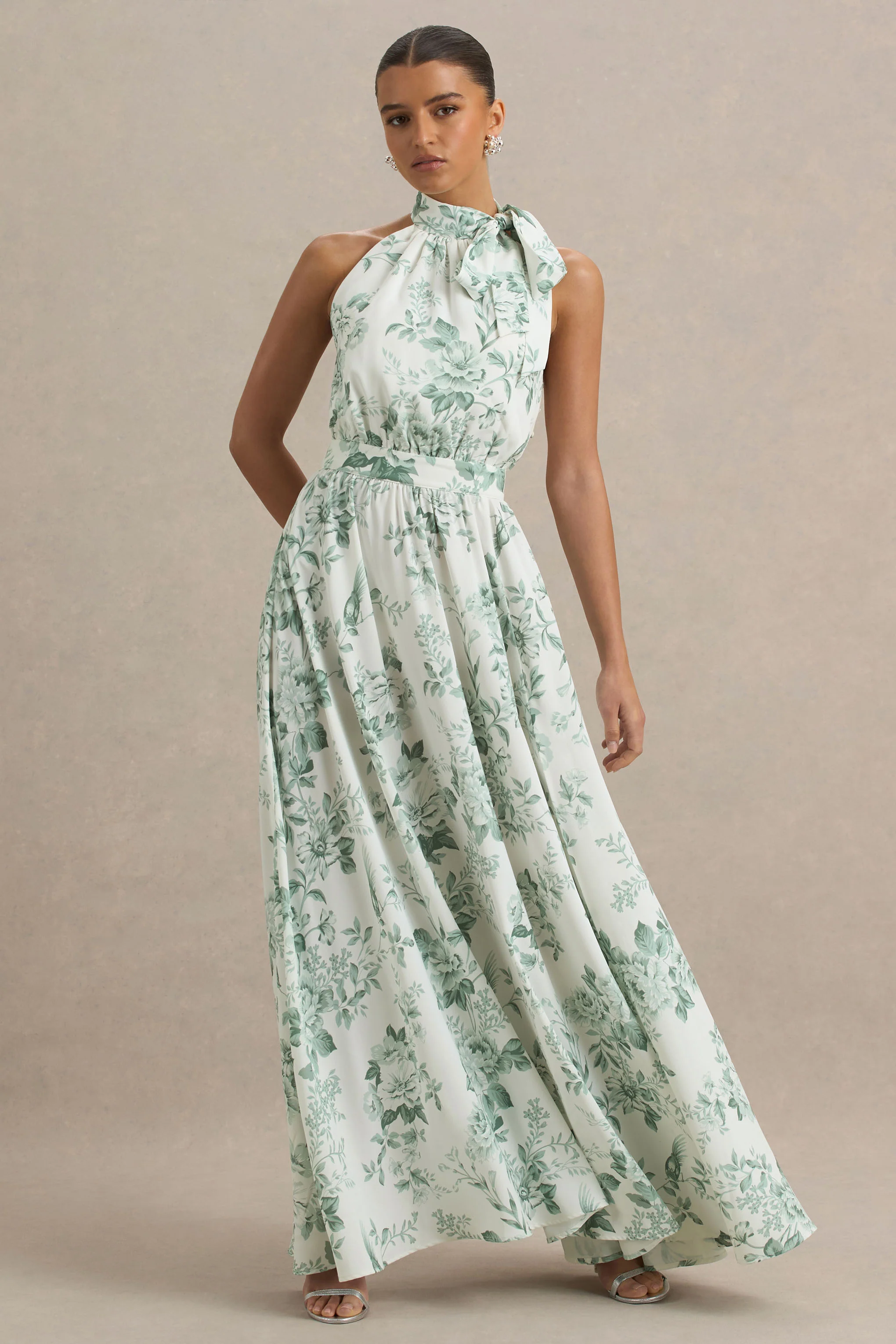 Talia | Green Floral Print High-Neck Maxi Dress With Front High Split