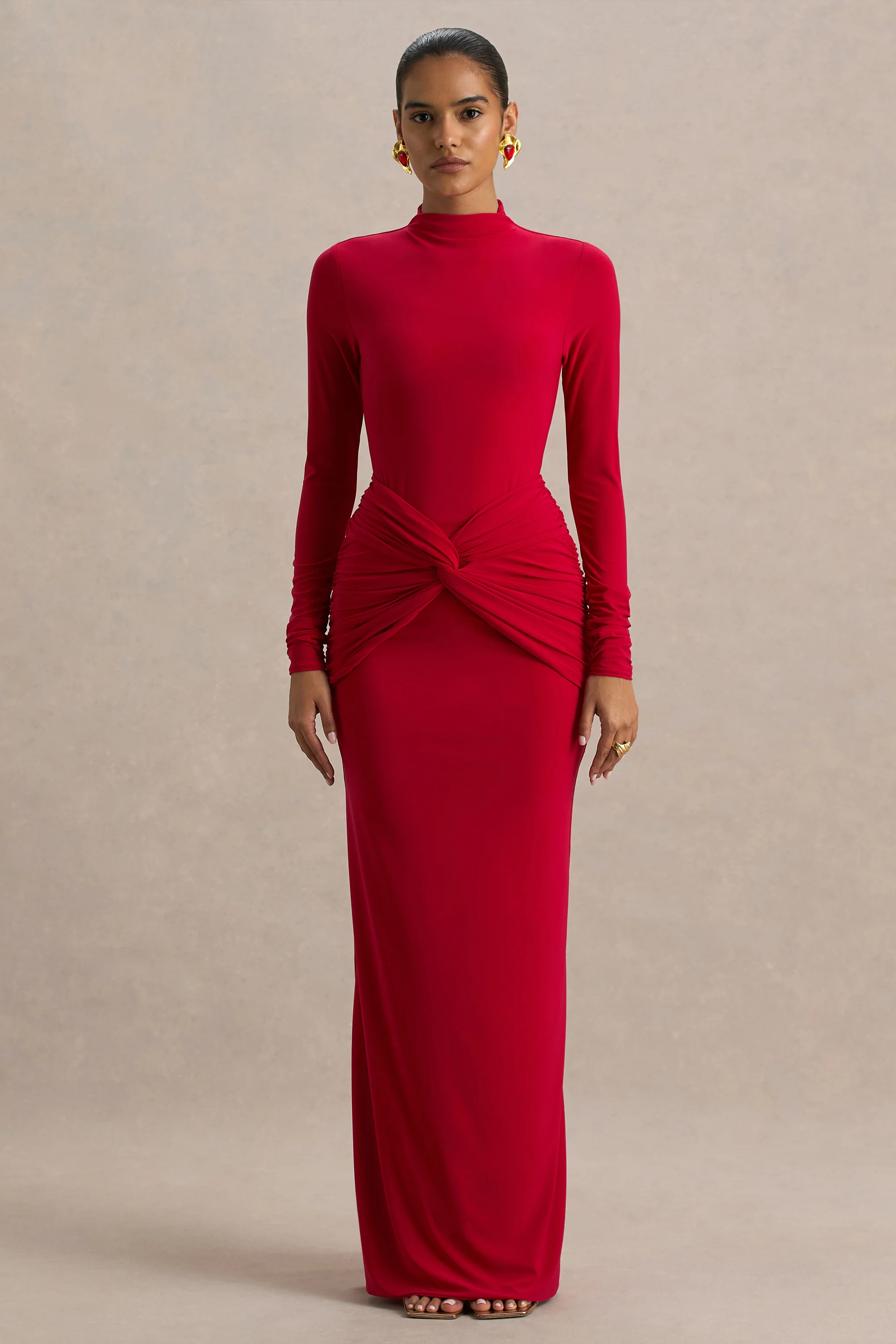 Alula | Red High-Neck Maxi Dress With Twist Detail