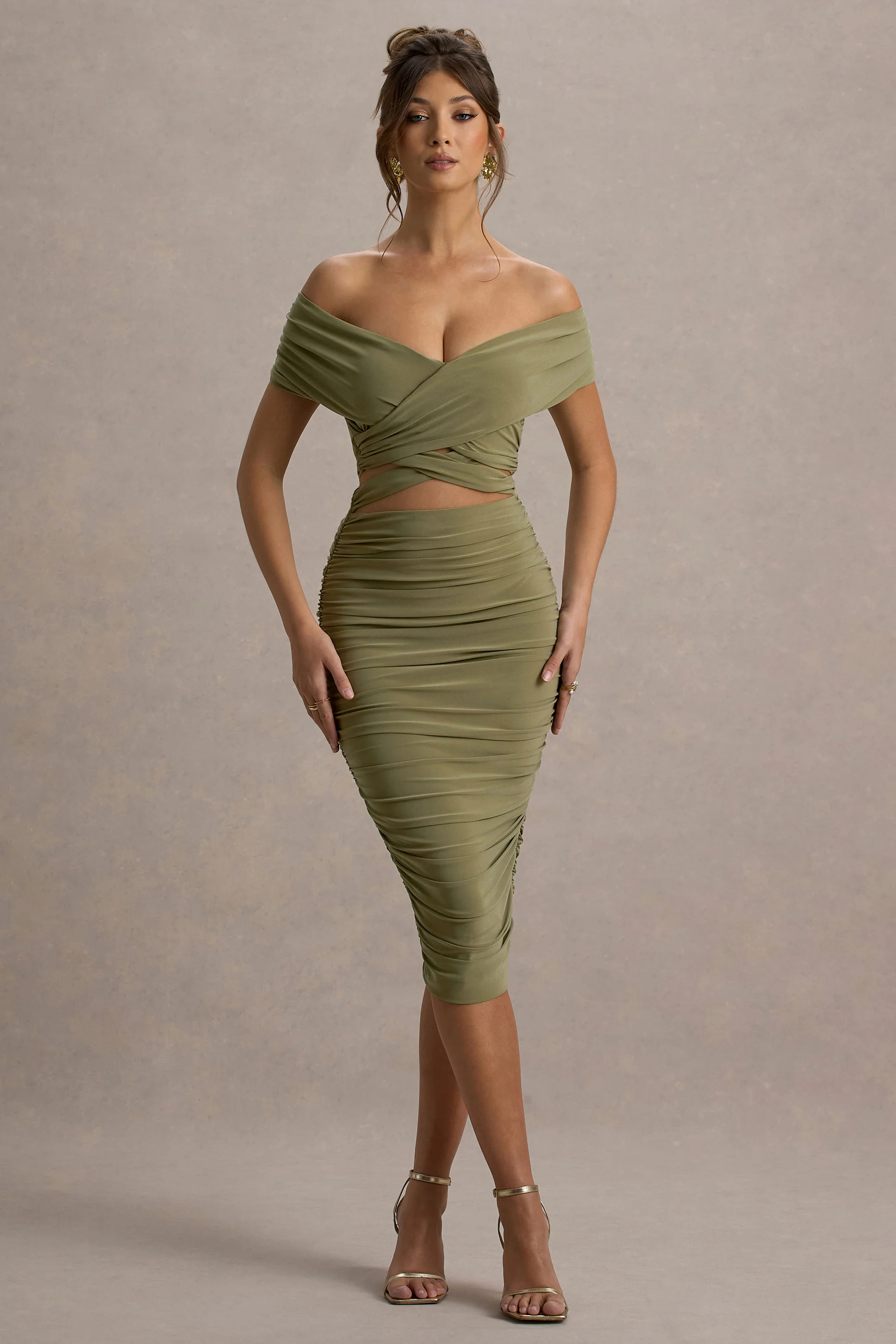 Clovette | Olive Ruched Bardot Cut-Out Midi Dress