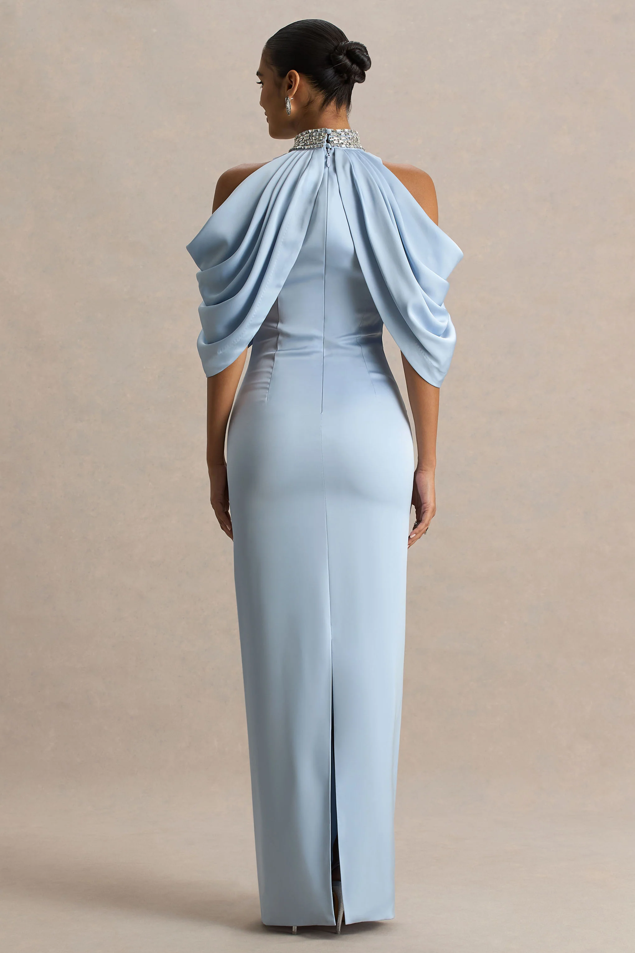 Sulliana | Powder Blue Satin High-Neck Maxi Dress With Embellished Detail And Cape Sleeves