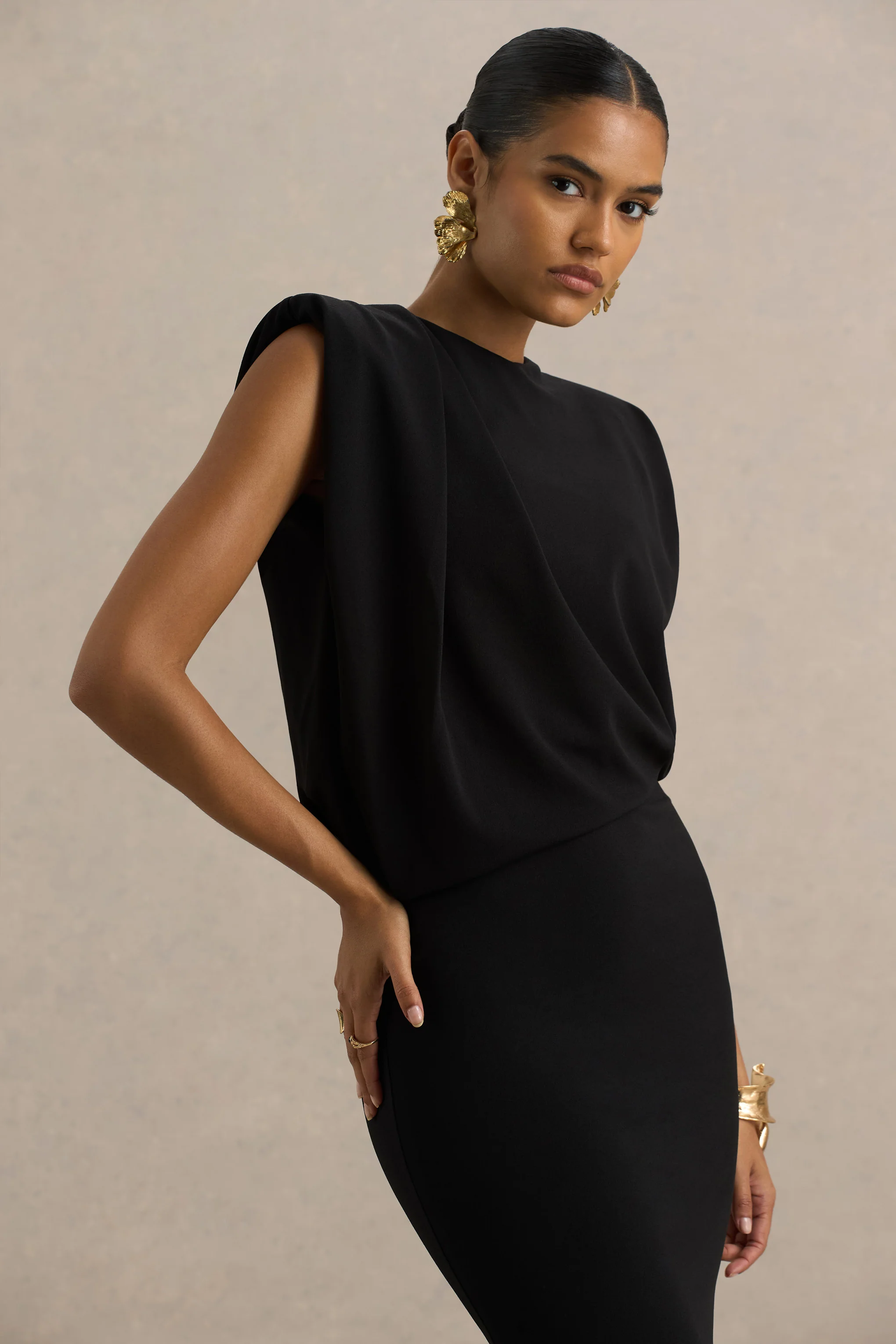 Meave | Black High Neck Maxi Dress With Draping Detail