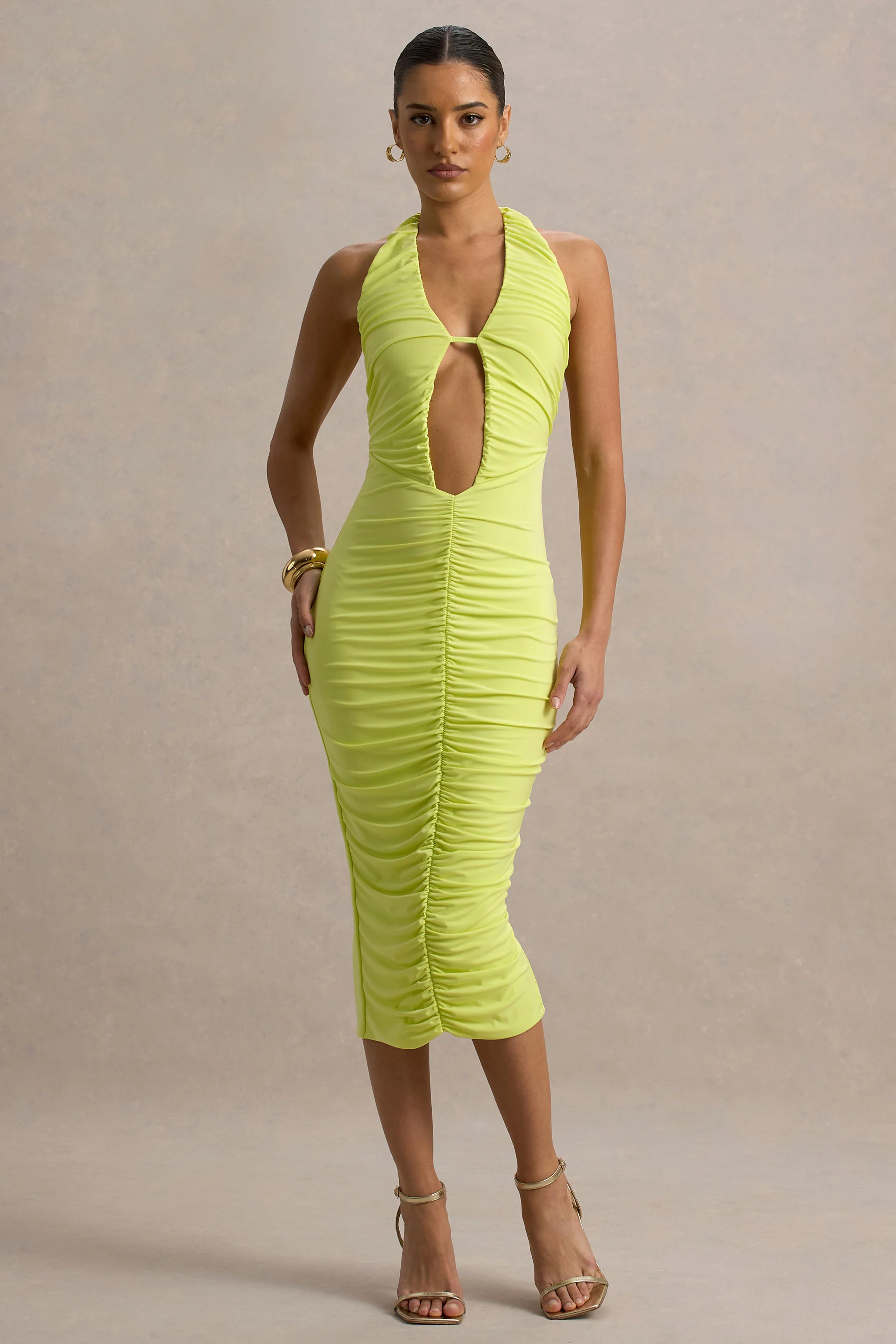Anaisa | Lime Green Plunge Halter-Neck Midi Dress