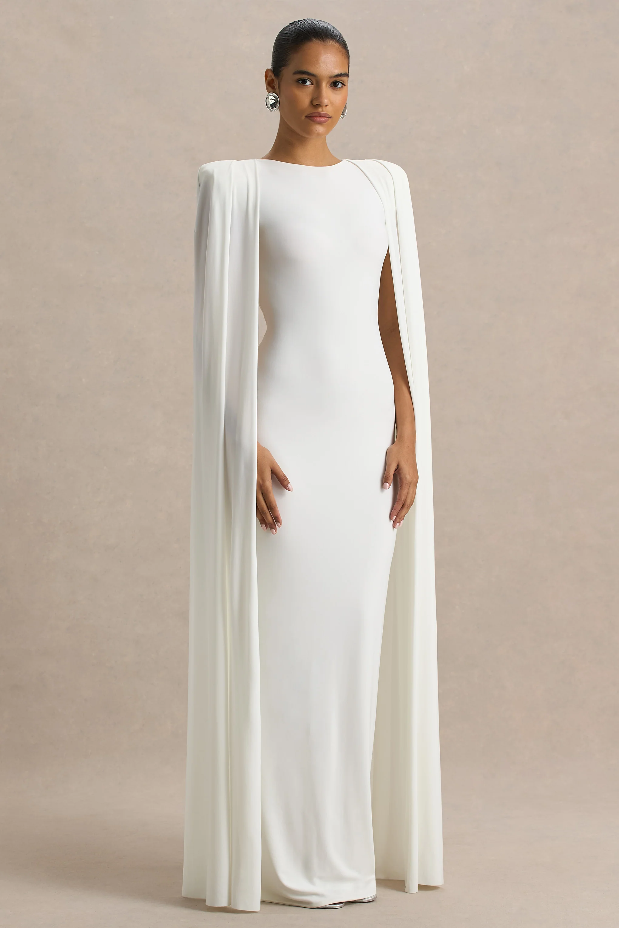 Mimi | White Slashed-Neck Maxi Dress With Cape Sleeve Detail