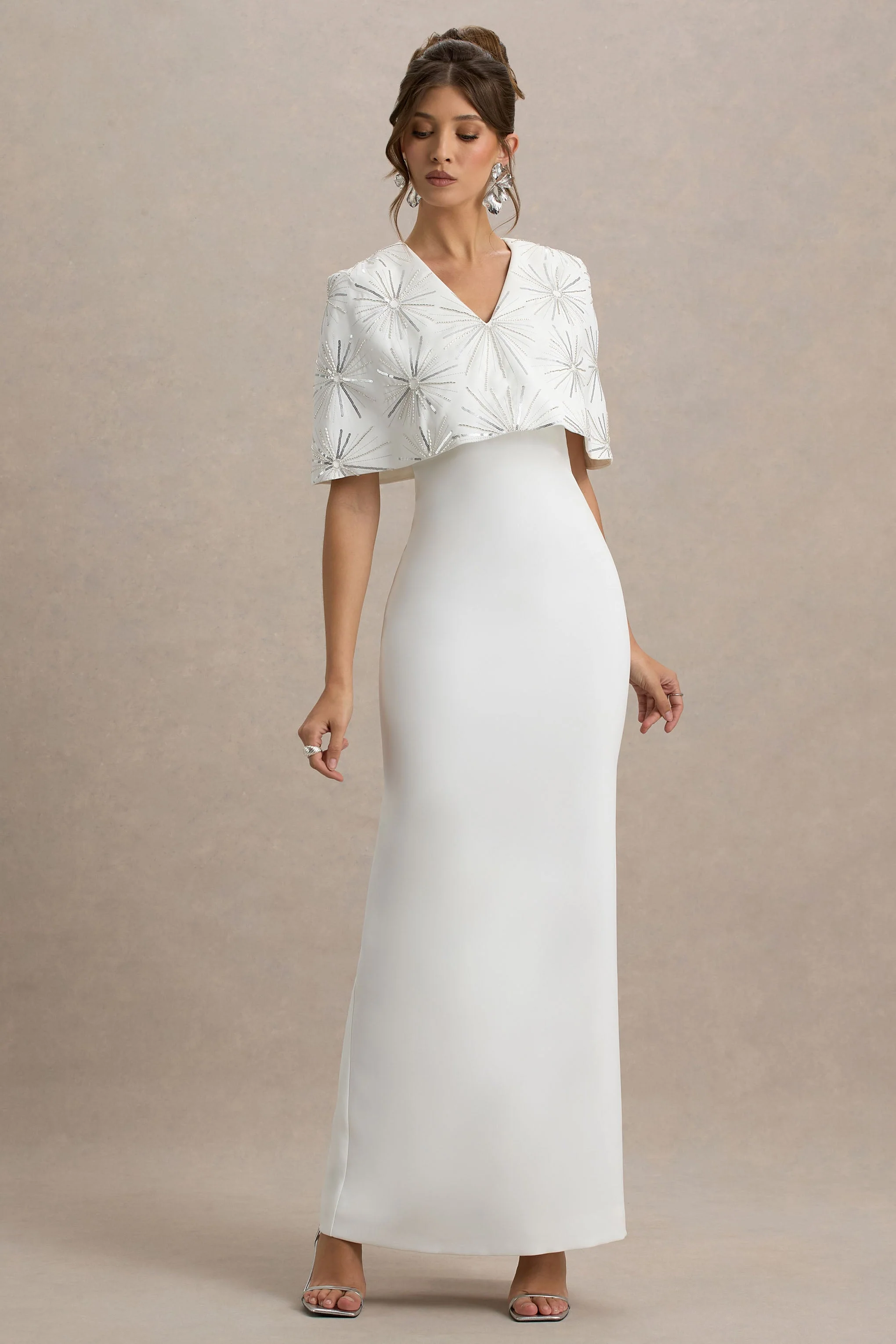 Agnella | White Embellished V-Neck Maxi Dress
