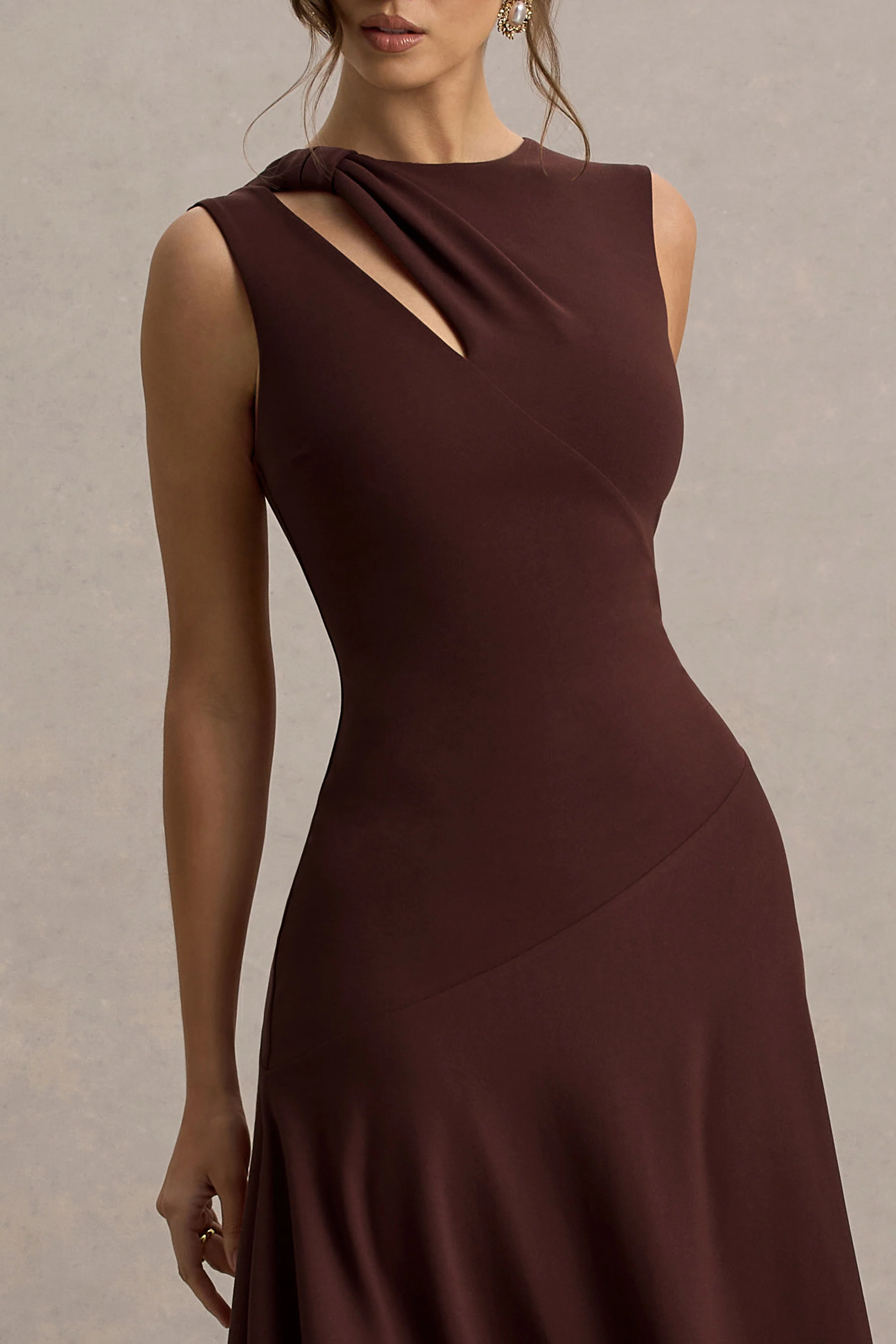 Francesca | Brown Knotted Midi Dress With Handkerchief Hem