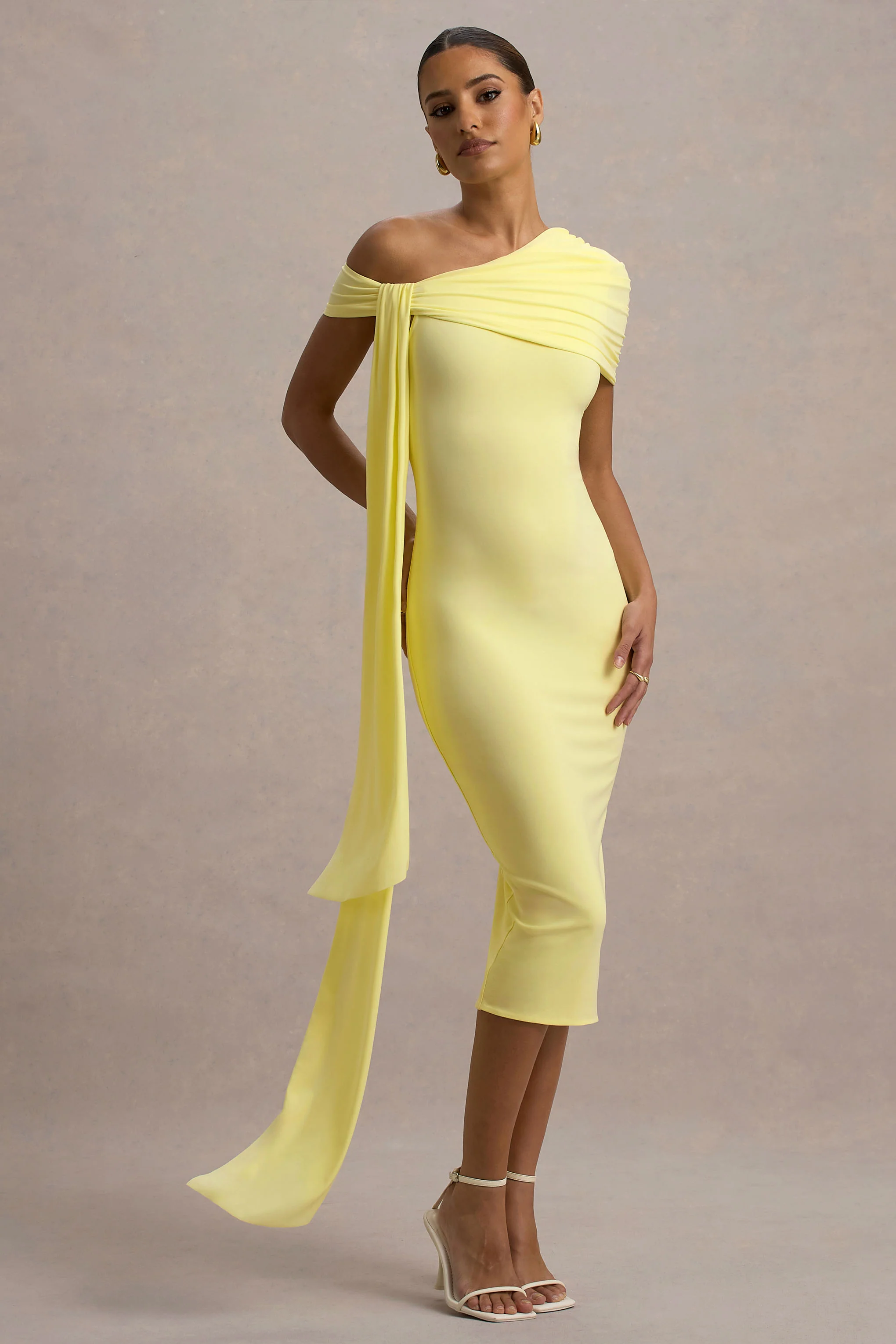 Vallea | Lemon One-Shoulder Draped Midi Dress