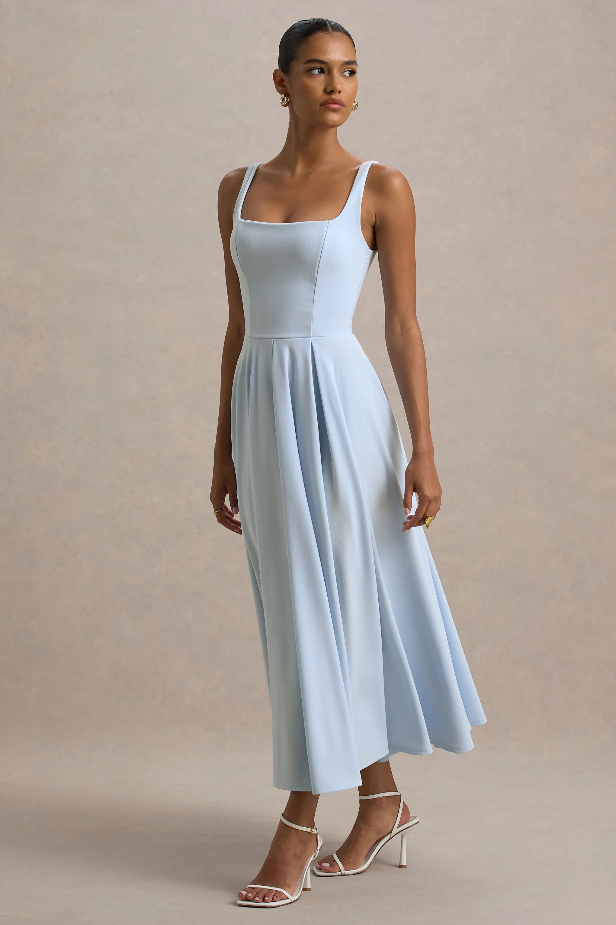 Parina | Powder Blue Strappy Volume-Hem Midi Dress