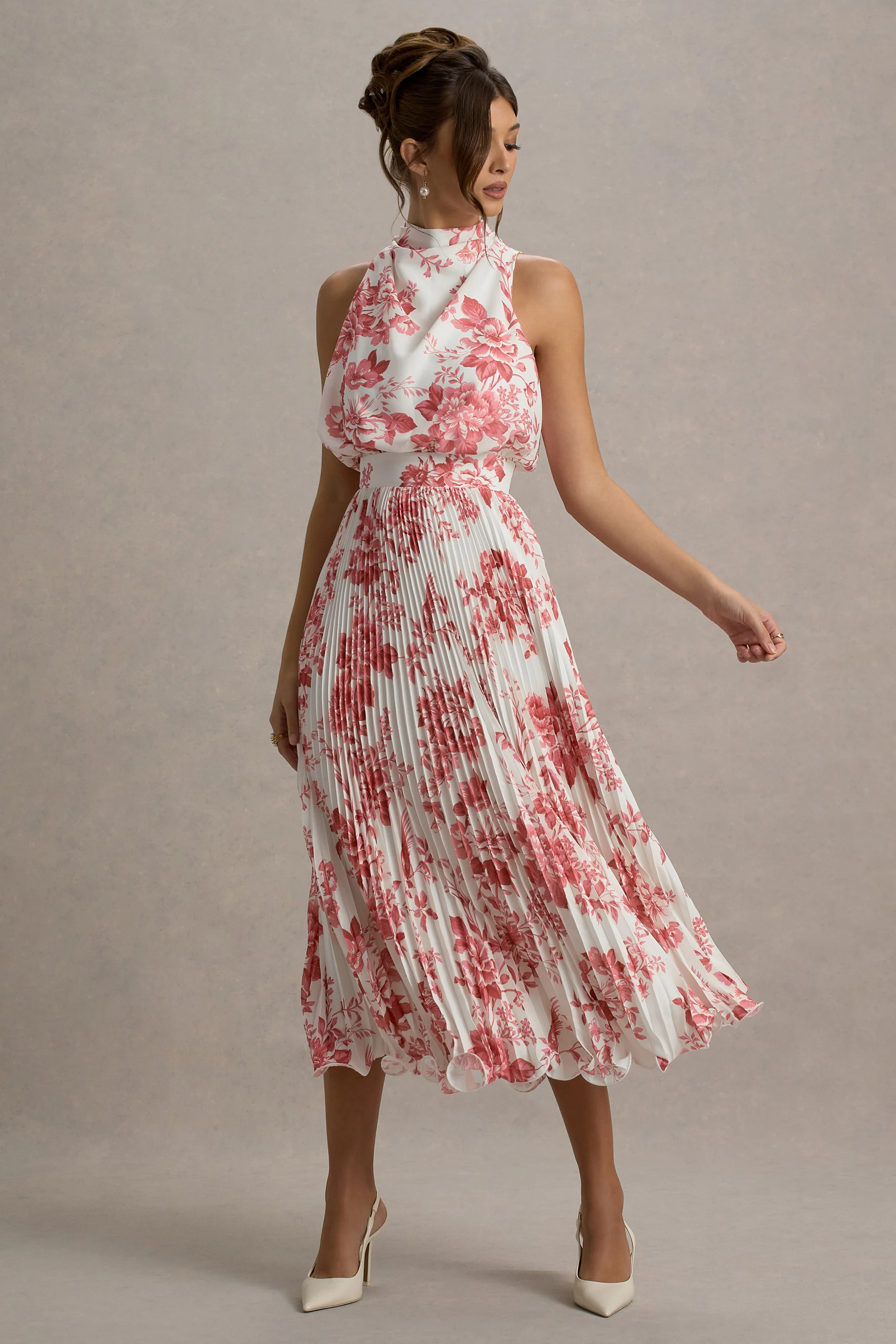 Nila | Pink Porcelain Print Cowl-Neck Midi Dress With Plisse Skirt