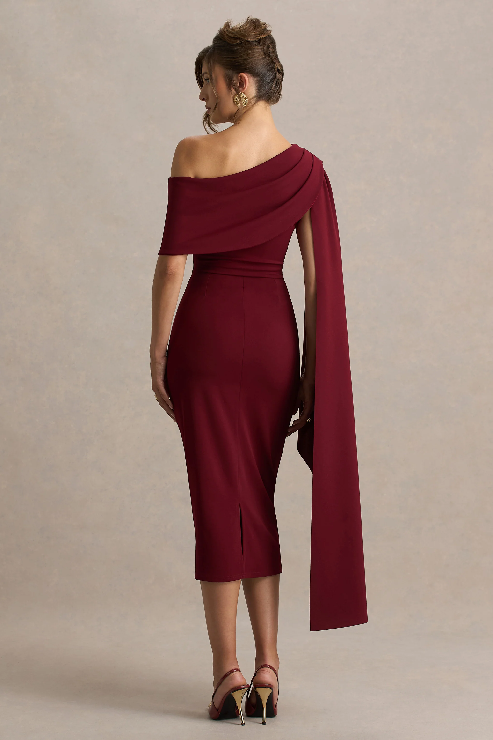 Leah | Burgundy Asymmetric-Neck Midi Dress With Cape-Sleeve And Draped Detailing