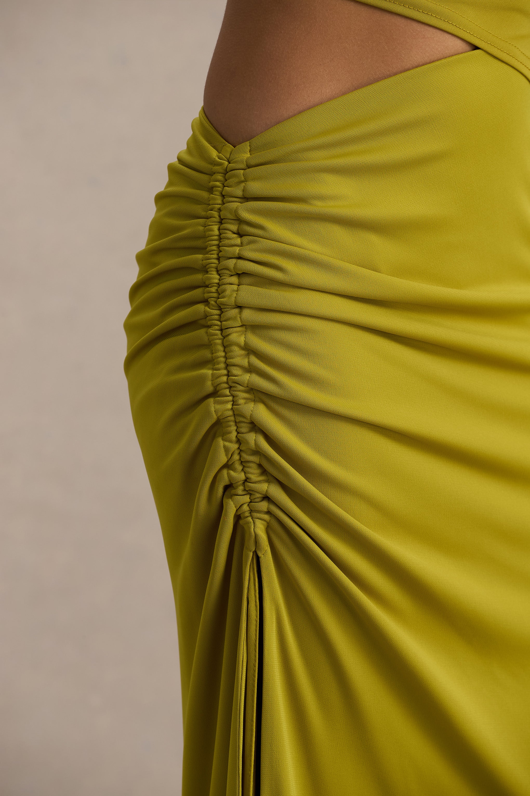 Margie | Green Maxi Skirt With Ruched Detail And Front High Split