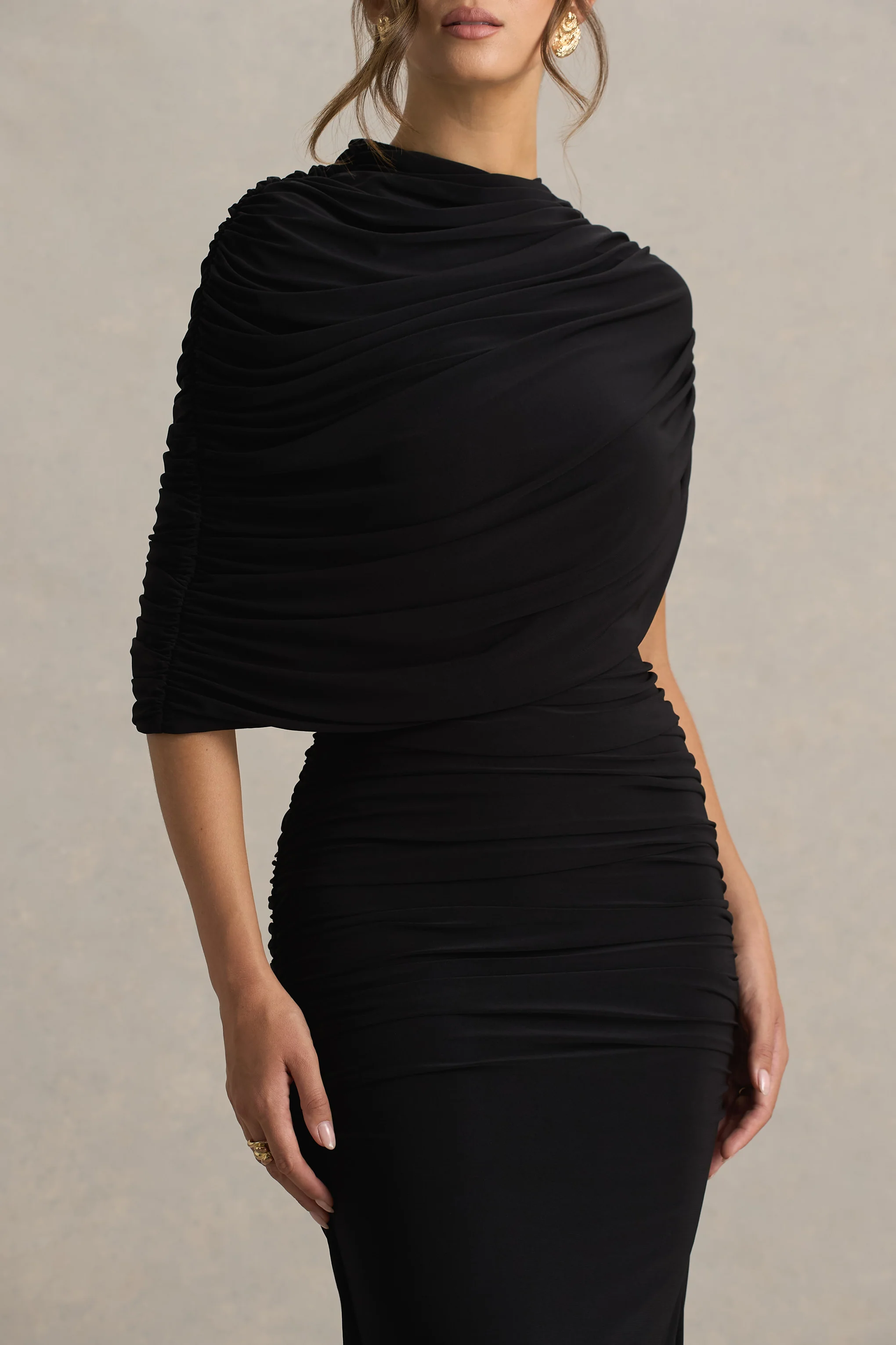 Glitz | Black High-Neck Maxi Dress With Cape Sleeve and Ruched Detail