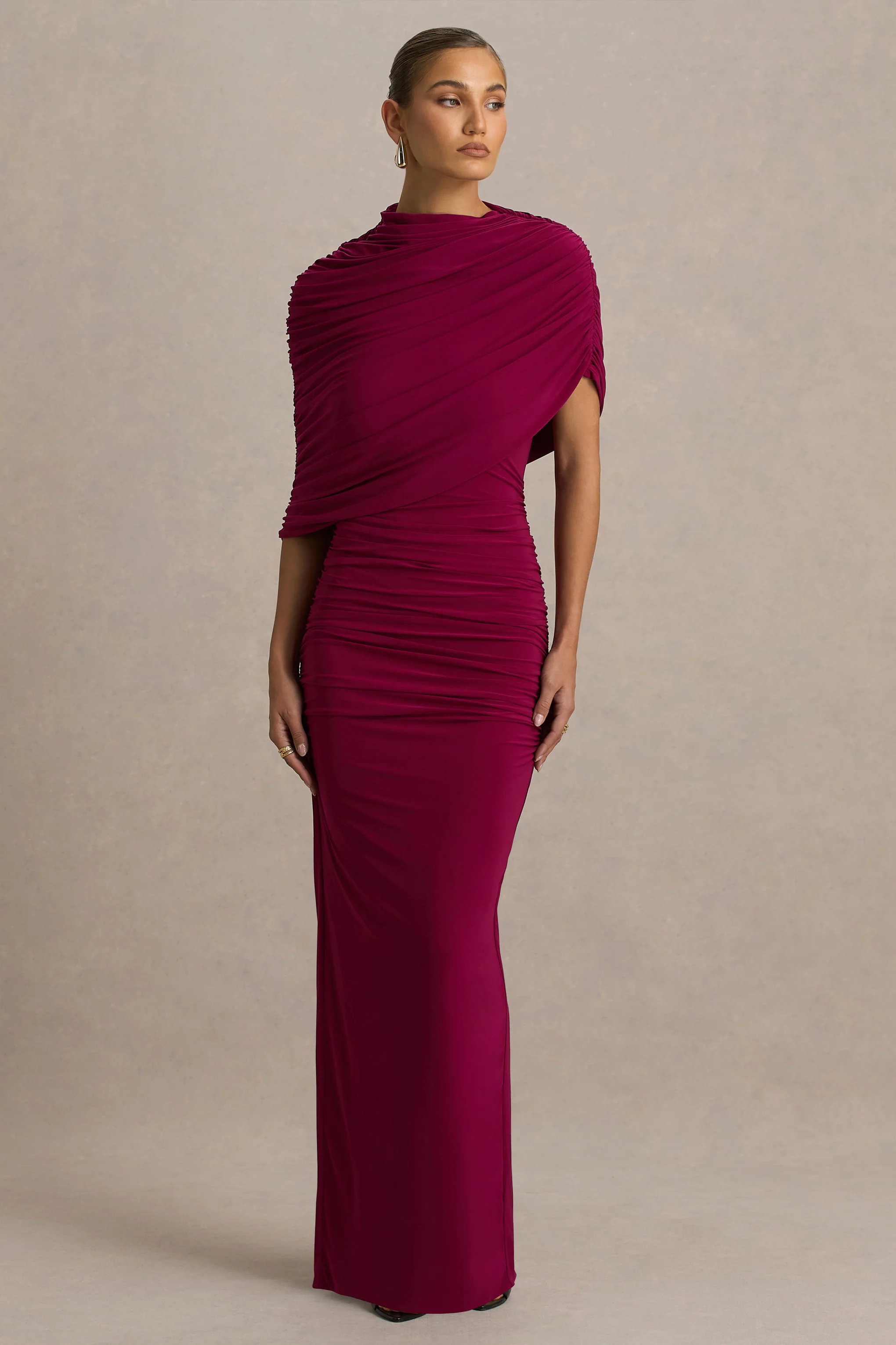 Glitz | Burgundy High-Neck Maxi Dress With Cape Sleeve and Ruched Detailing