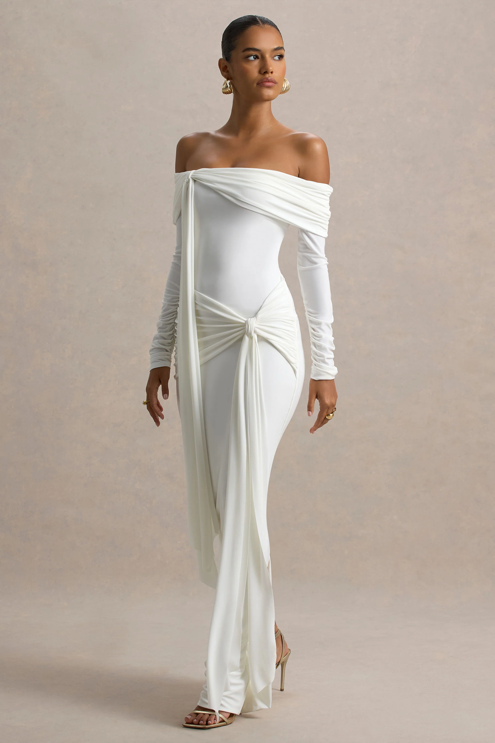 Jovie | White Bardot Wrap Maxi Dress With Sash Detail