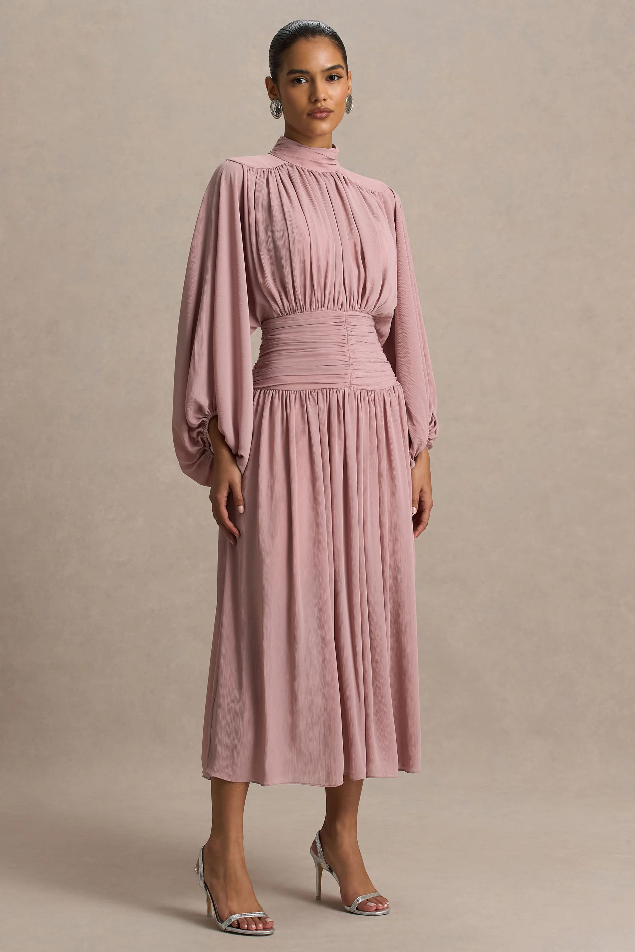 Annabel | Dusty Pink High-Neck Midi Dress With Drop-Waist And Pleated Detailing