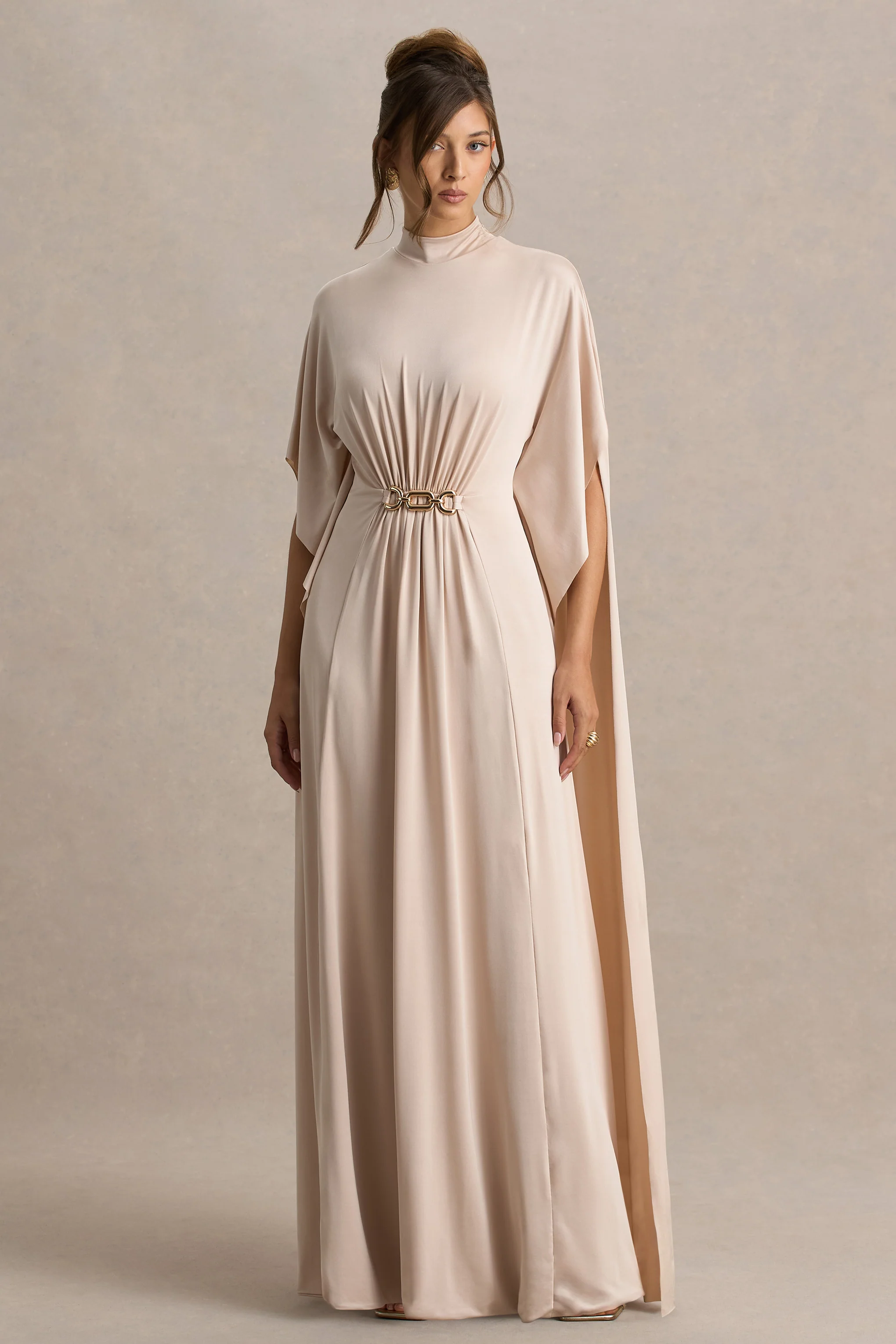 Olessia | Champagne Belted Gathered Cape-Sleeve Maxi Dress
