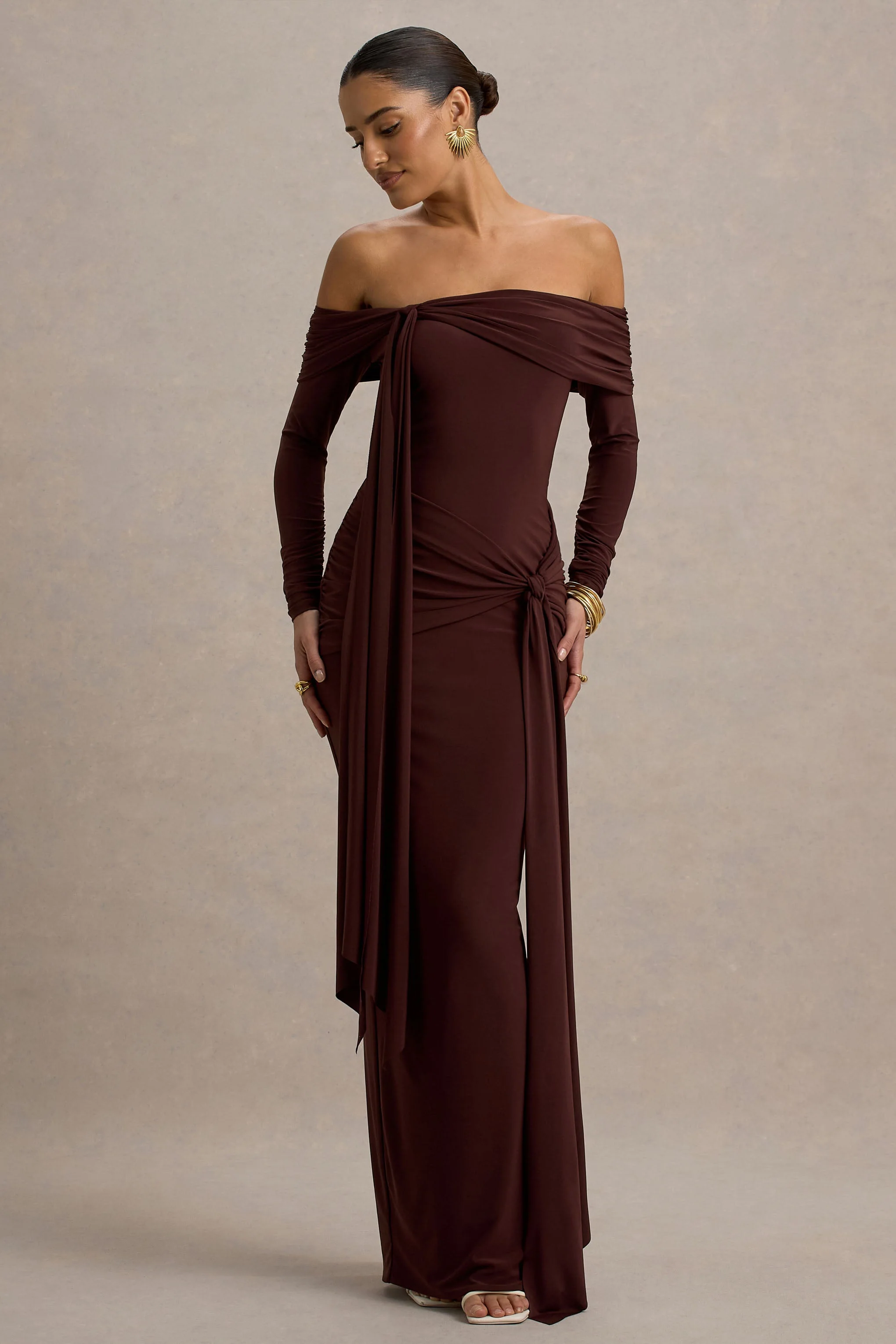 Jovie | Brown Bardot Wrap Maxi Dress With Sash Detail