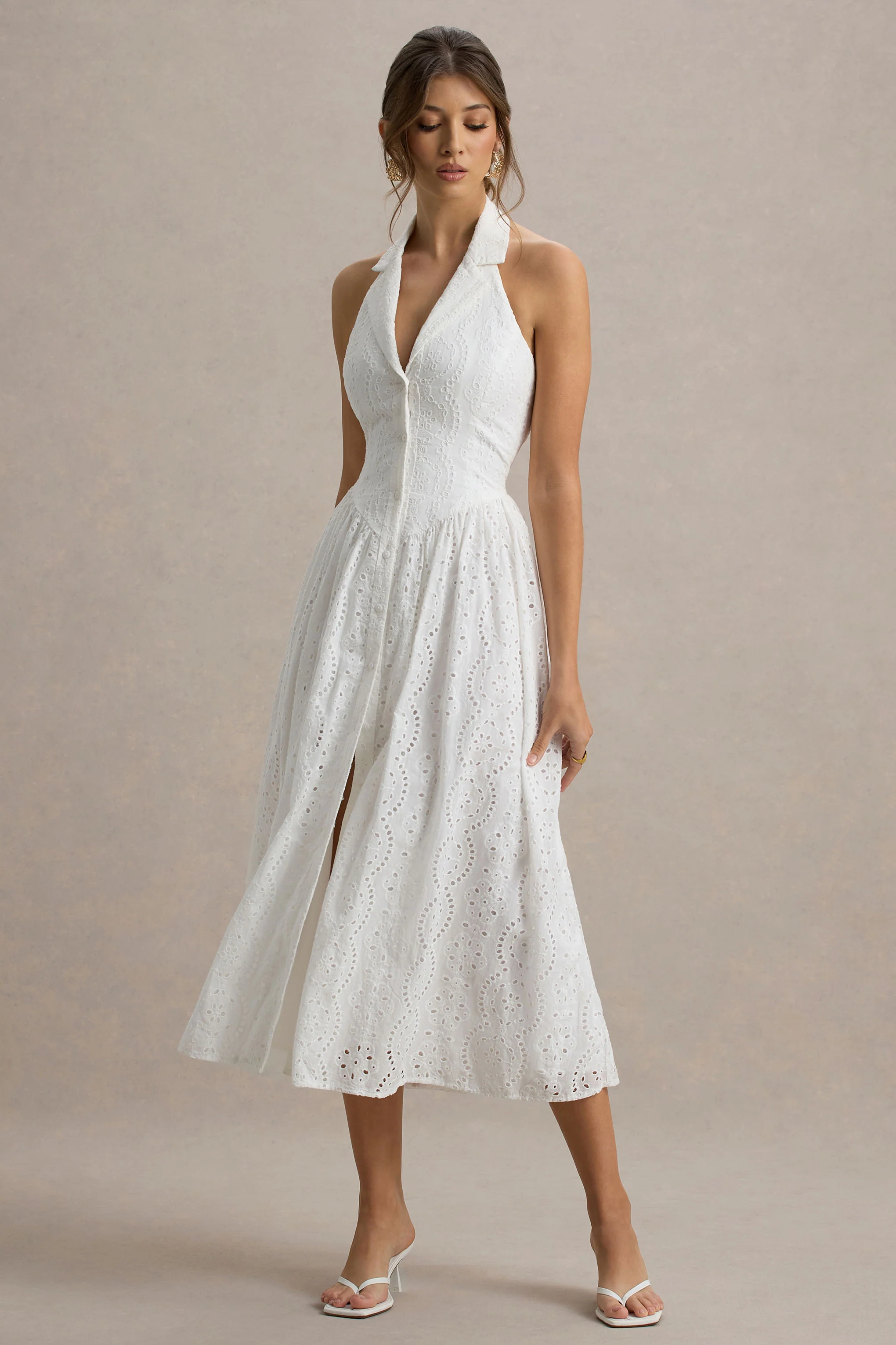 Jezebel | White Lace Plunge-Neck Collared Midi Dress