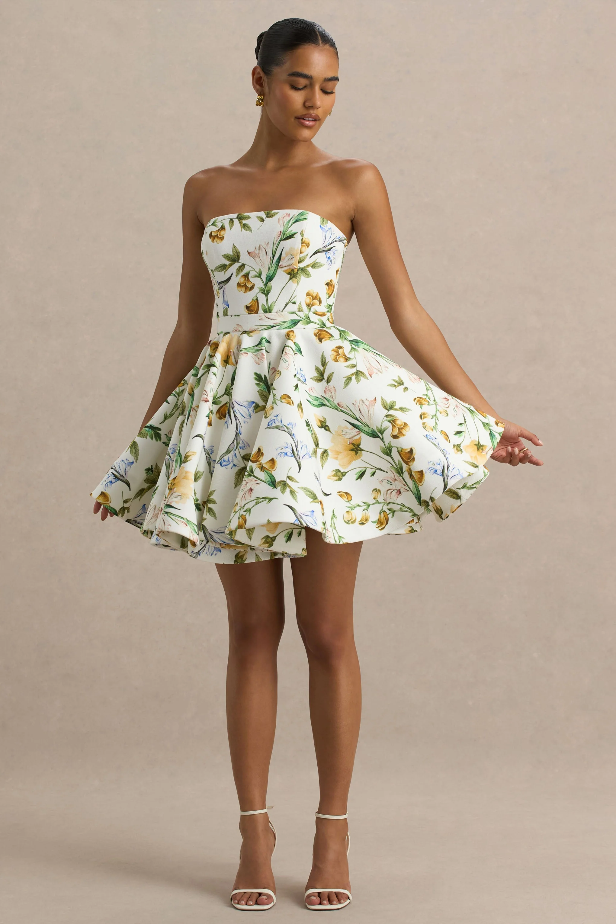 Valerian | White Botanical Print Bandeau Mini Dress With Ruffle Hem