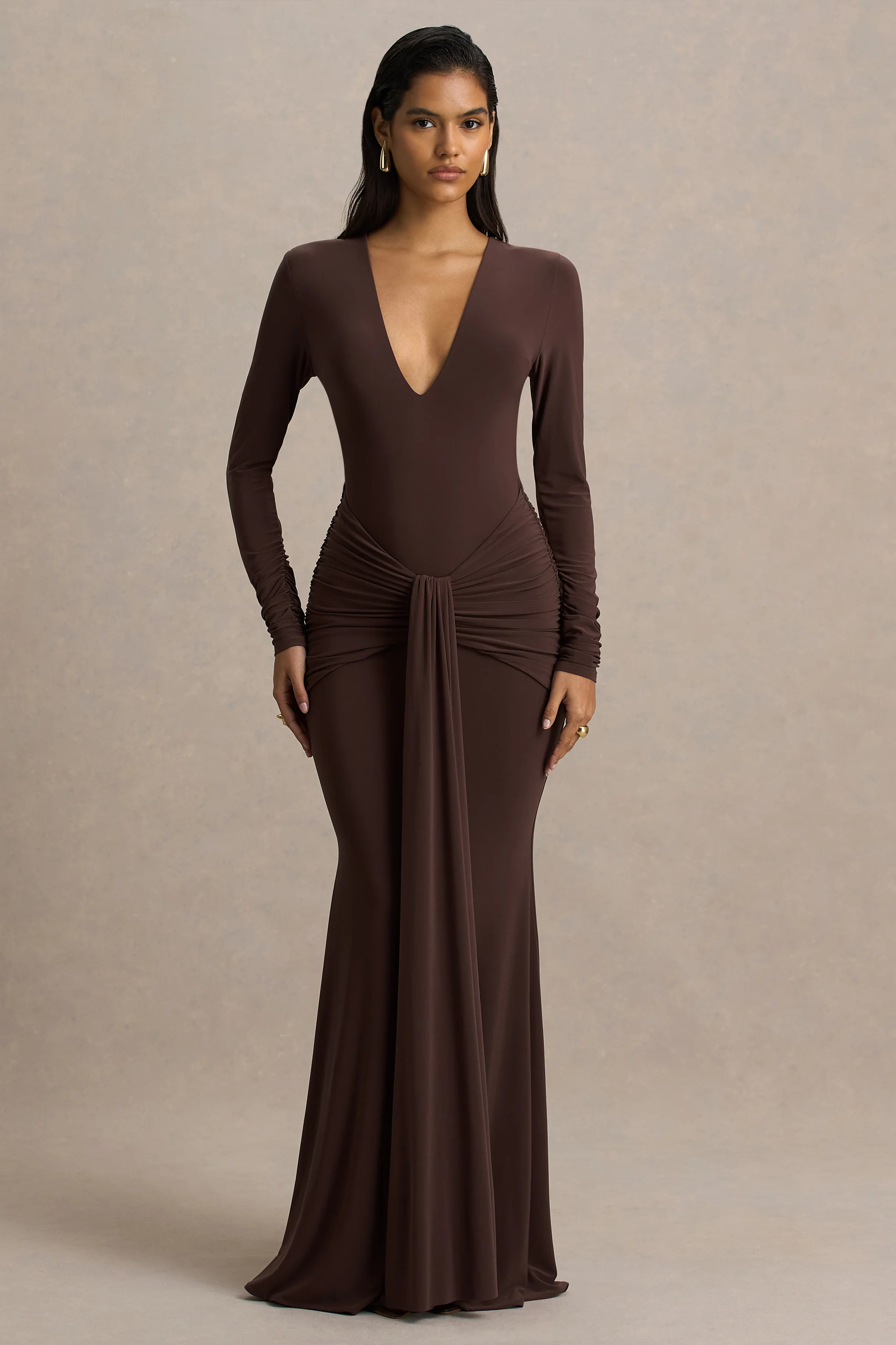 Saffie | Chocolate Extreme-Plunge Wrap Maxi Dress With Long-Sleeves And Ruched Detailing