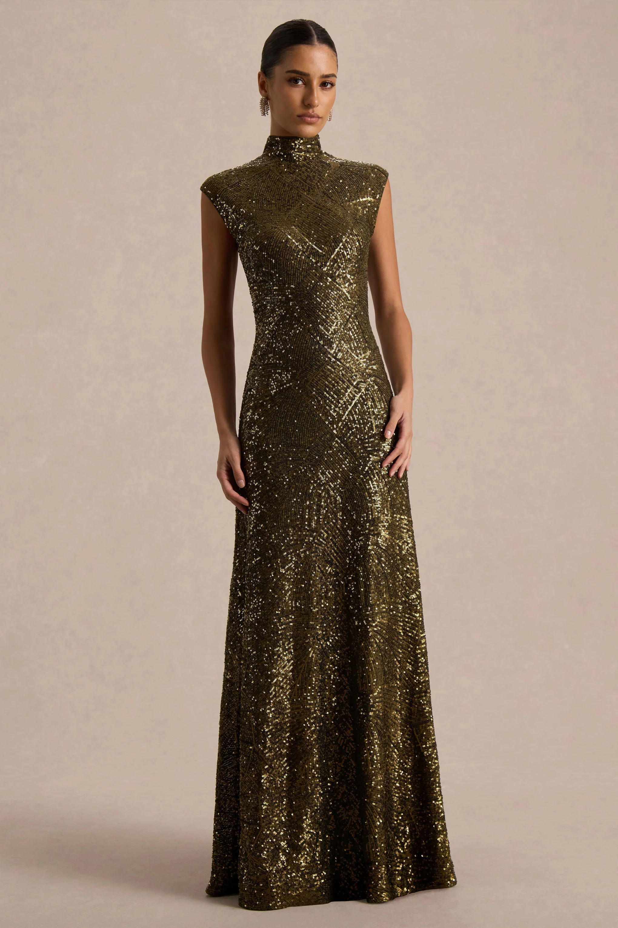 Cecy | Khaki Sequin High-Neck Maxi Dress With Cap Sleeves