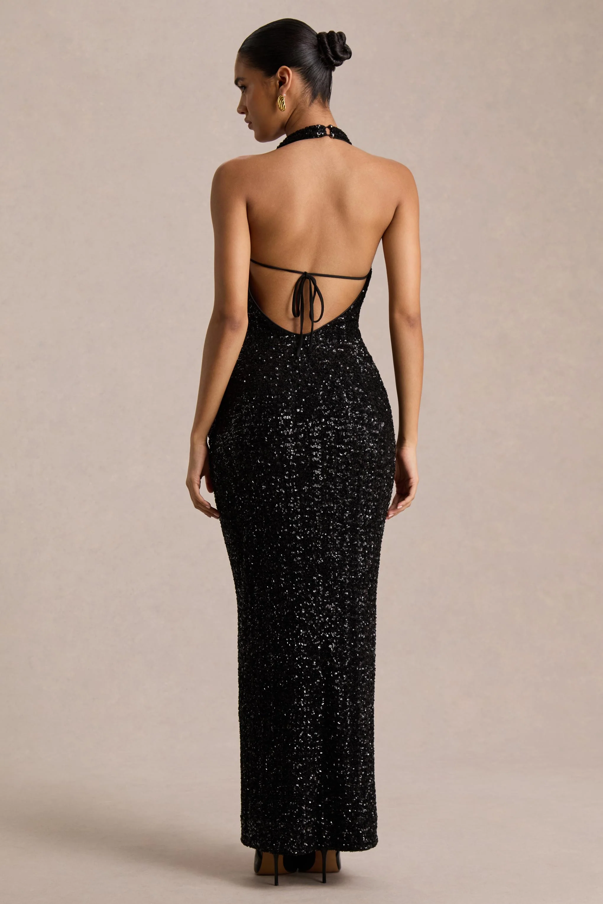 Gio | Black Sequin Plunge-Neck Wrap Maxi Dress With Ruched Detailing
