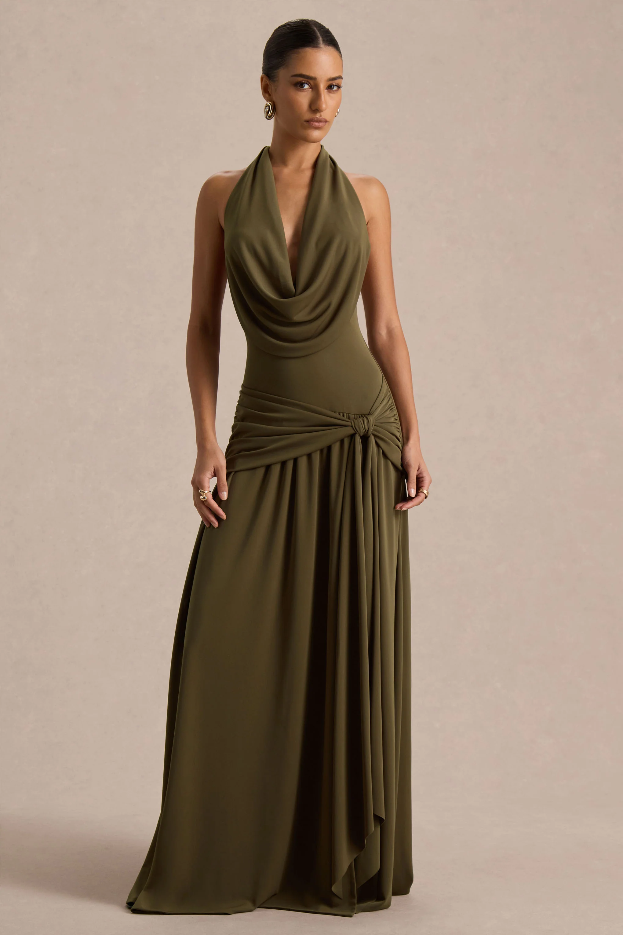 Mist | Olive Plunge-Neck Split Maxi Dress