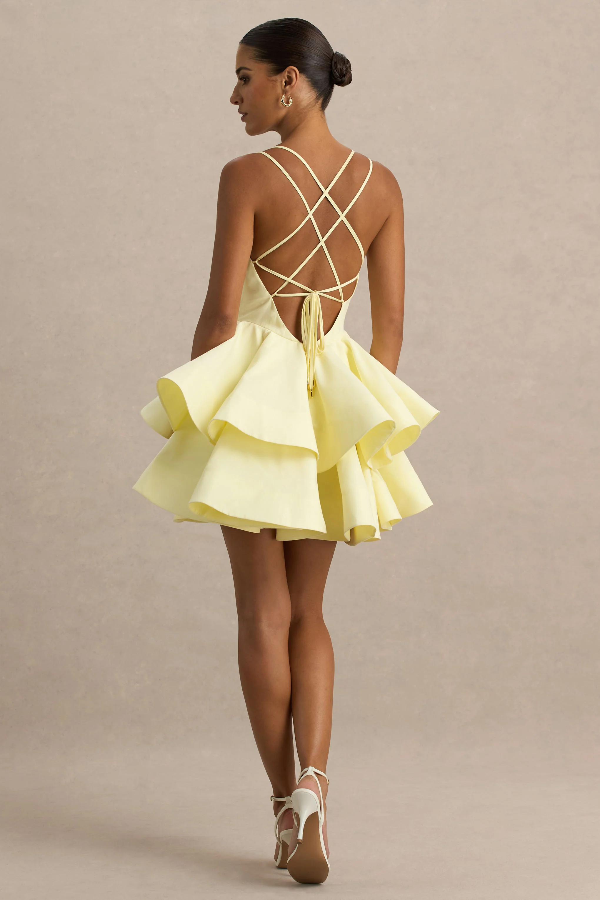 Flavia | Lemon Linen Plunge-Neck Ruffled Skater Micro-Mini Dress