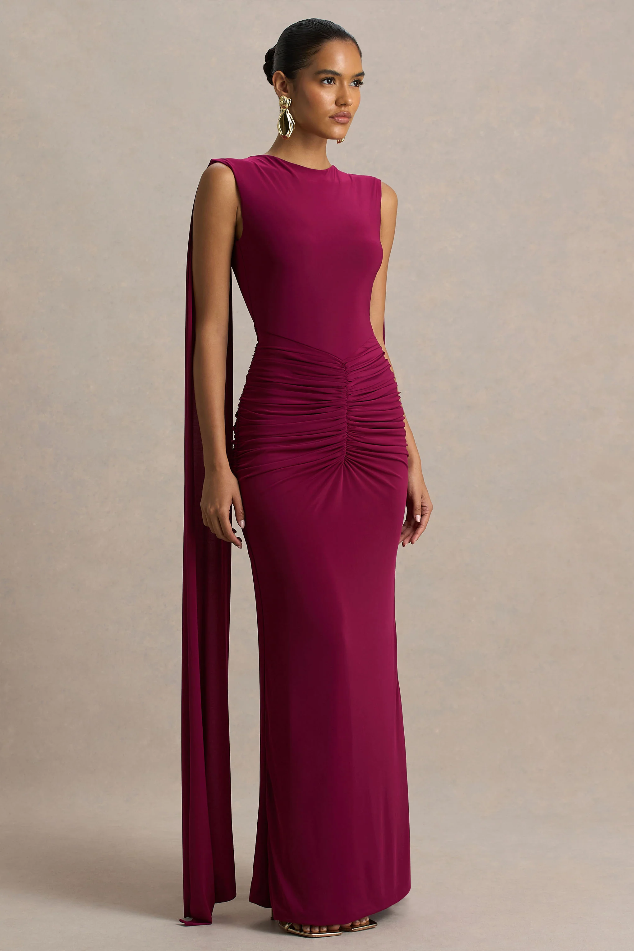 Premiere | Burgundy Boat-Neck Maxi Dress With Open-Back And Cape-Sleeves