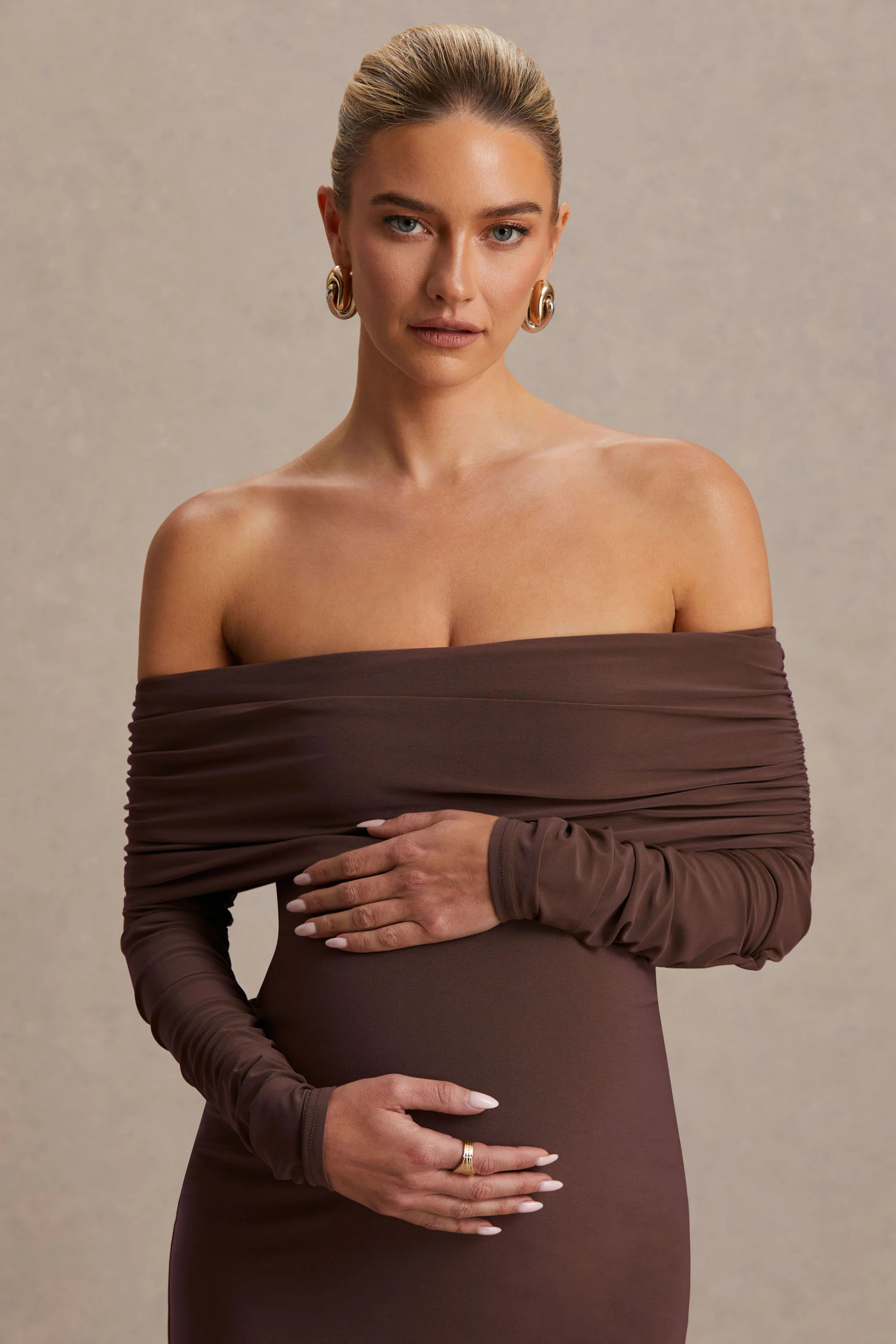 Elspeth | Brown Bardot-Neck Maternity Midi Dress