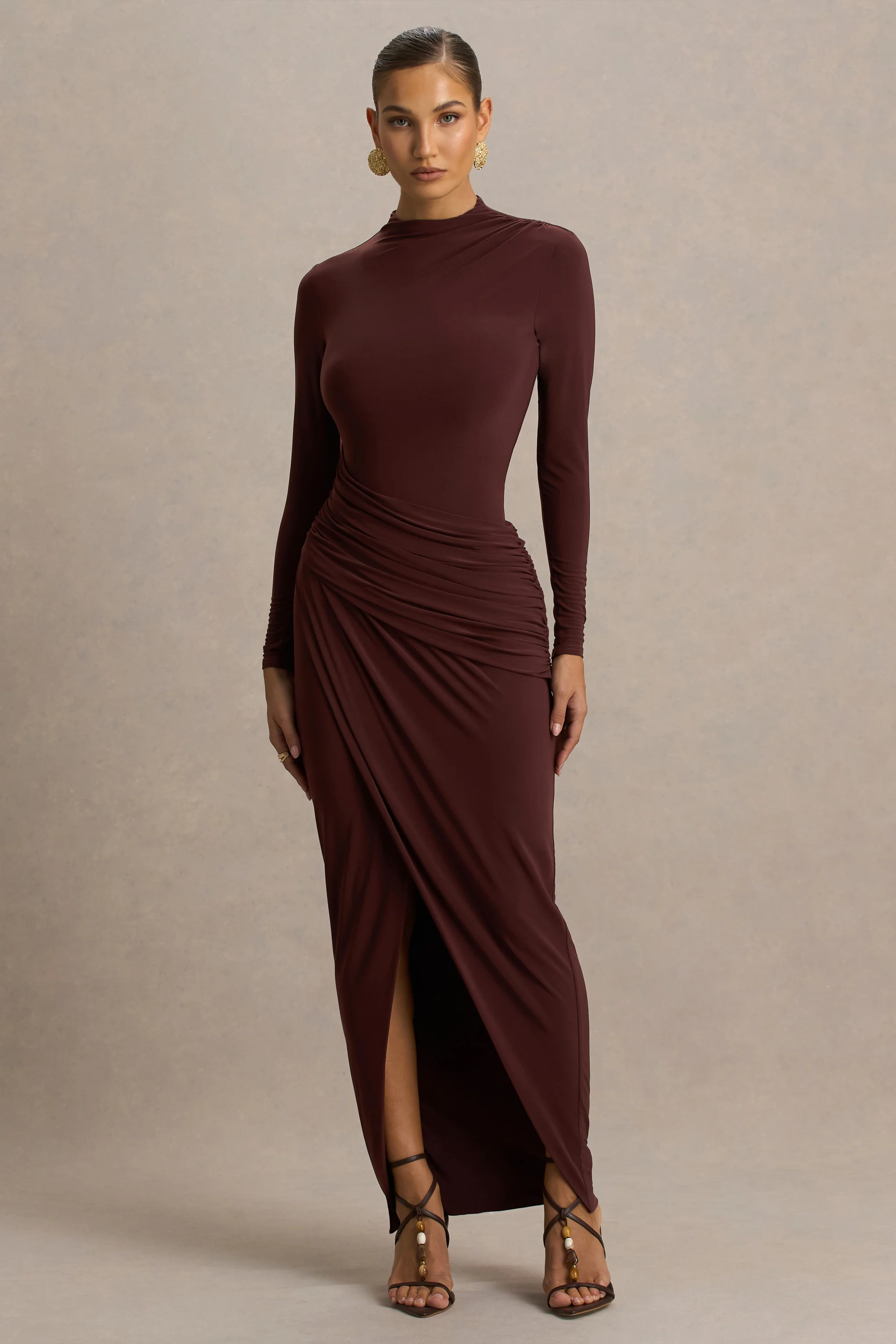 Zephyra | Brown High-Neck Wrapped Maxi Dress
