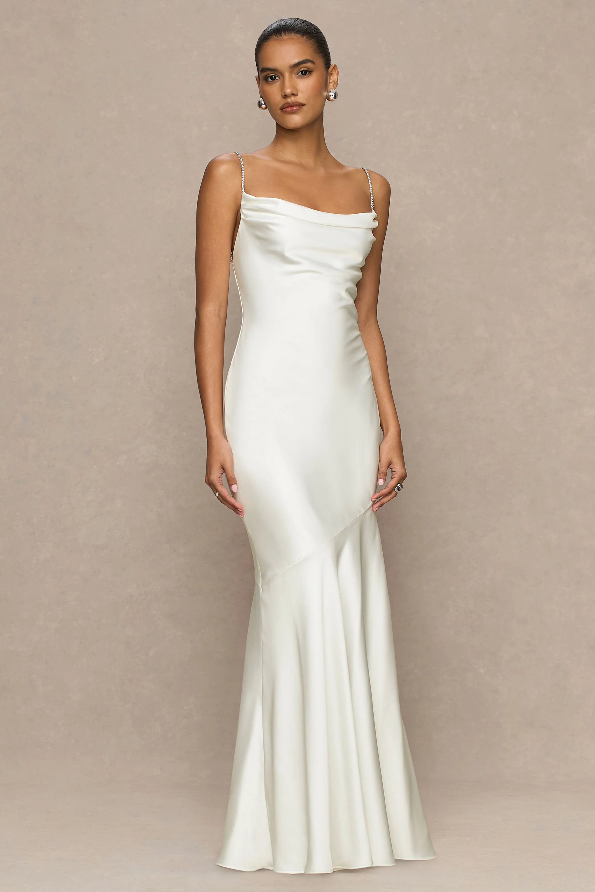 Maelia | Cream Satin Cowl-Neck Maxi Dress With Diamante Straps