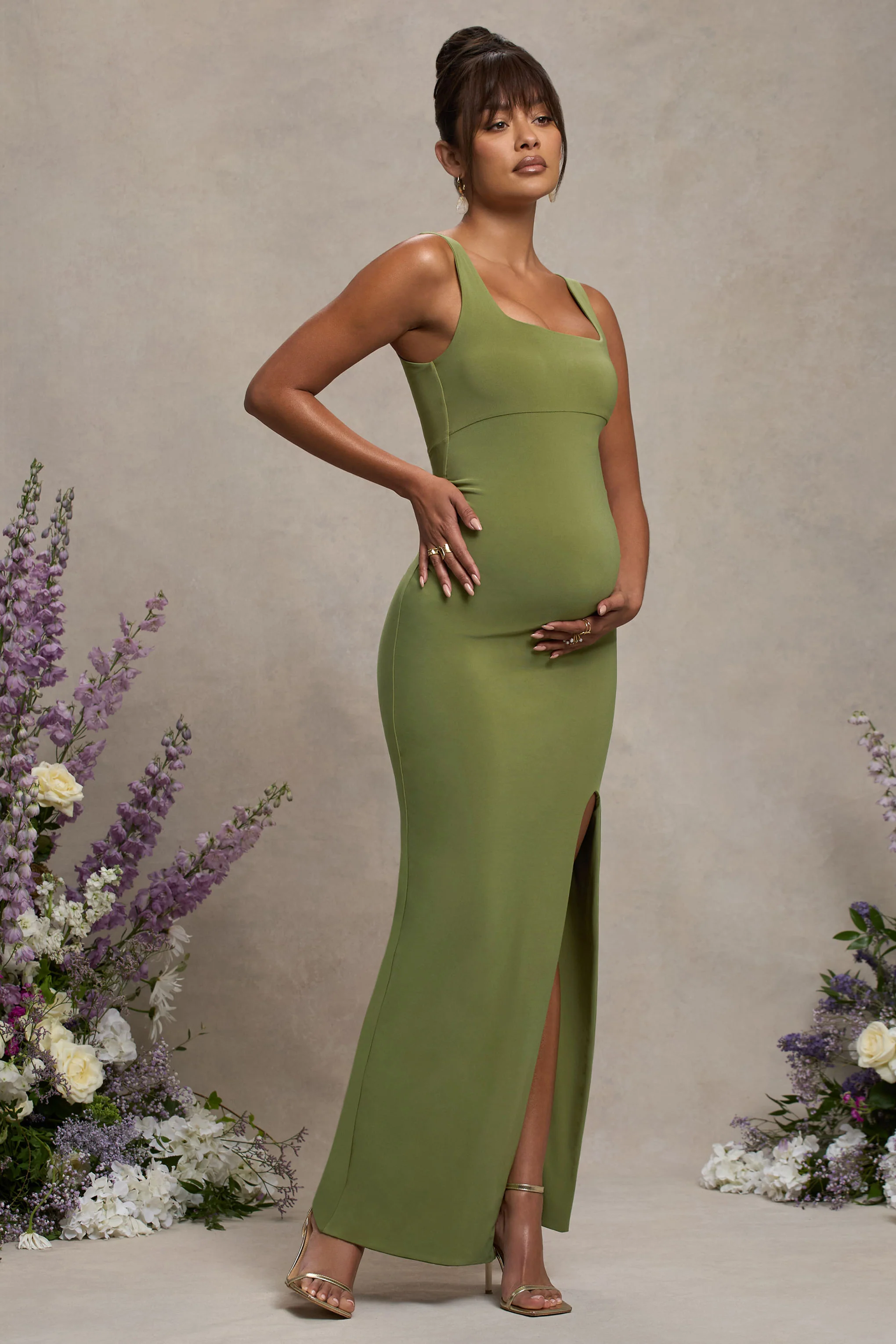Avril | Olive Square Neck Maternity Maxi Dress with Split