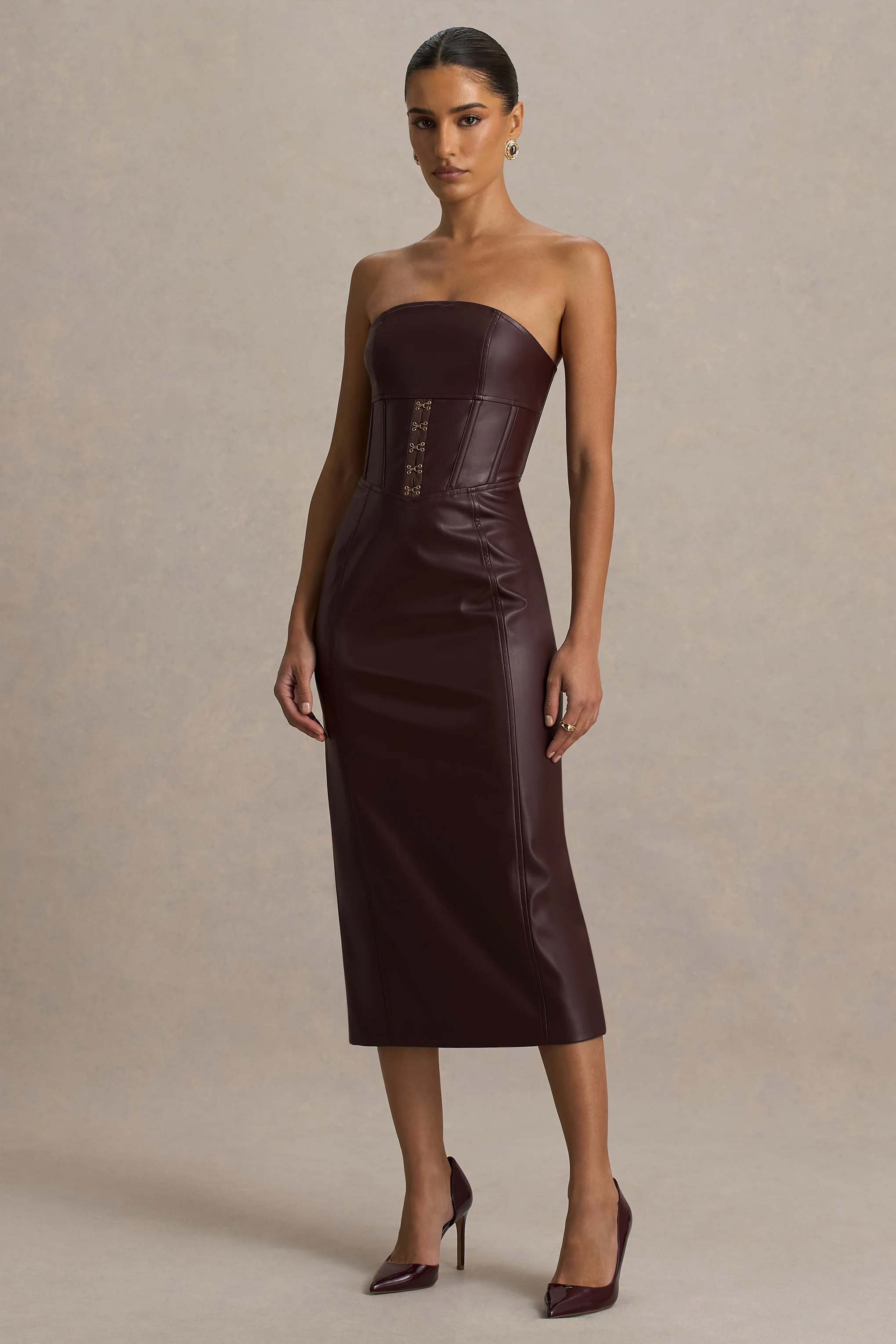 Zola | Burgundy Faux Leather Bandeau Midi Dress