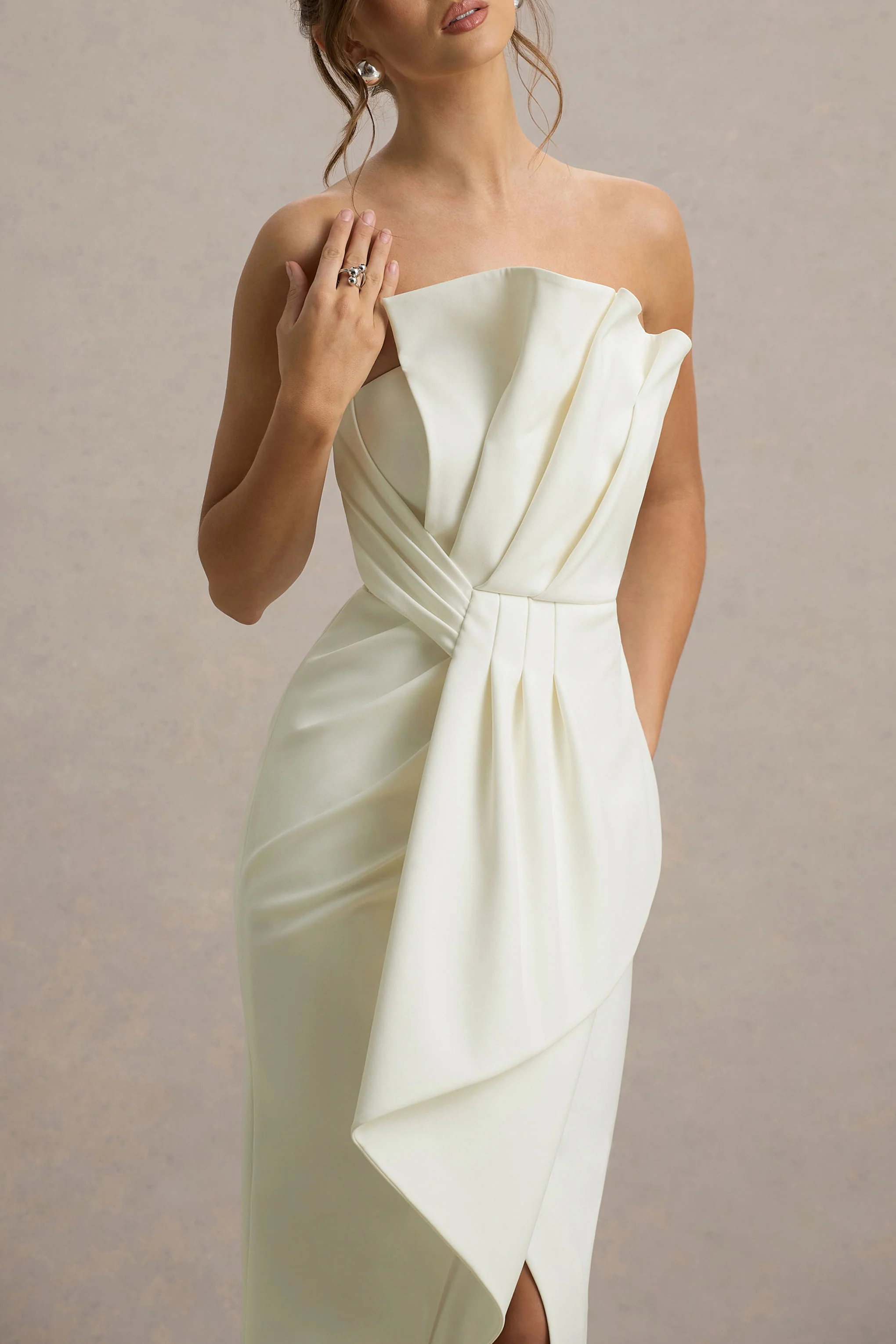 Dreamy Whispers | Cream Strapless Ruffle Split Maxi Dress