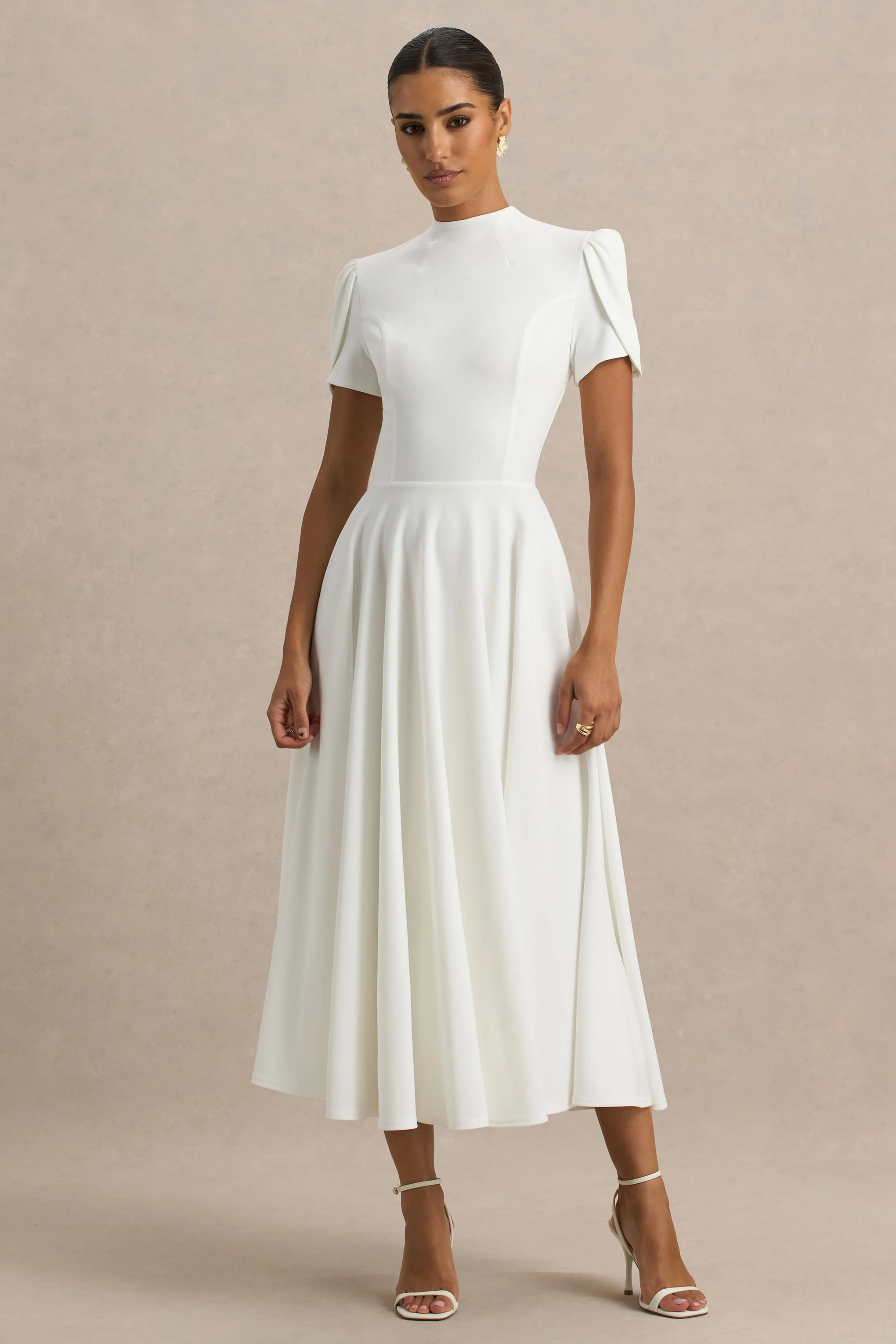 Vicky | White High Neck Midi Dress With Puff Sleeves