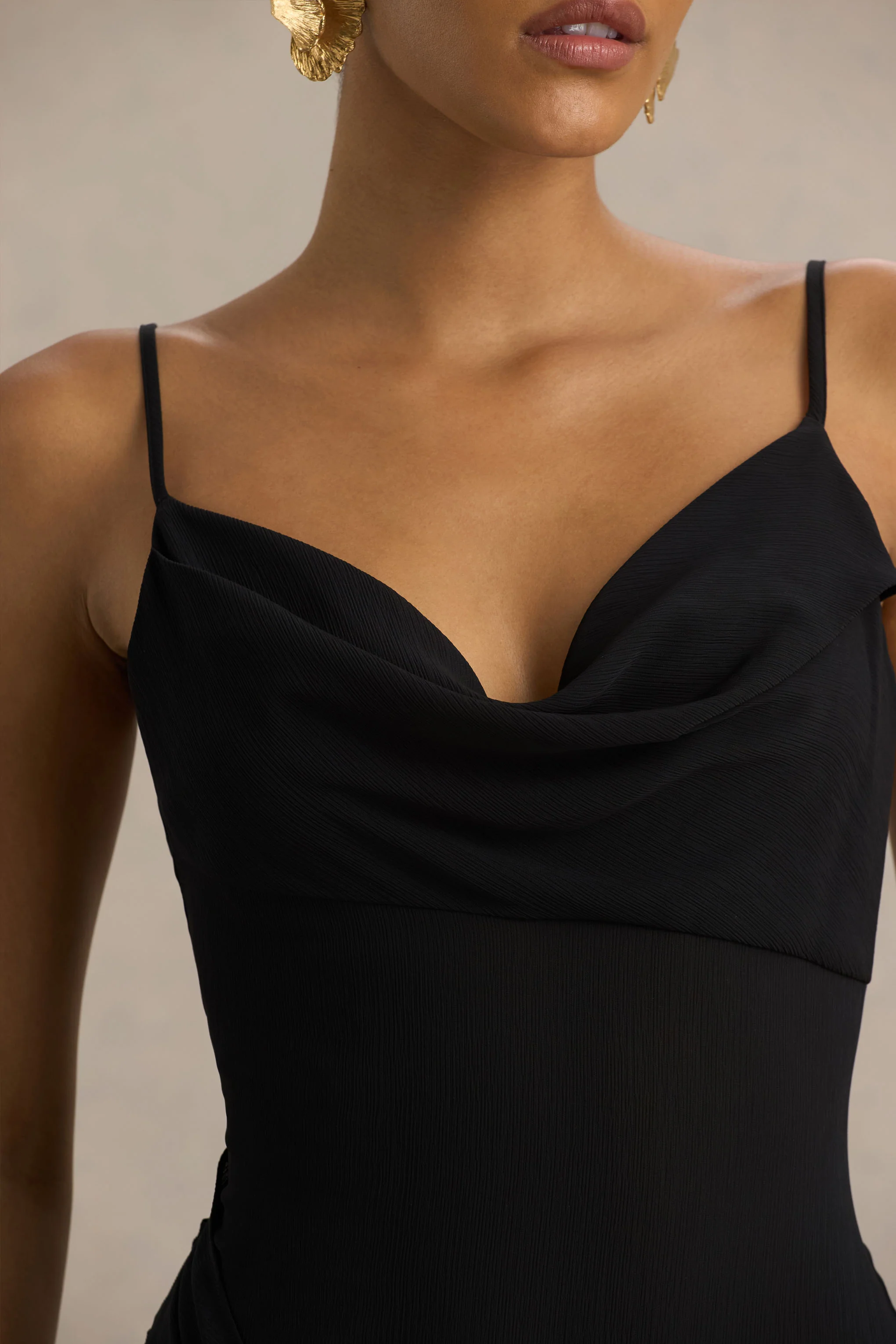 Virtue | Black Cowl-Neck Fishtail Maxi Dress With Split