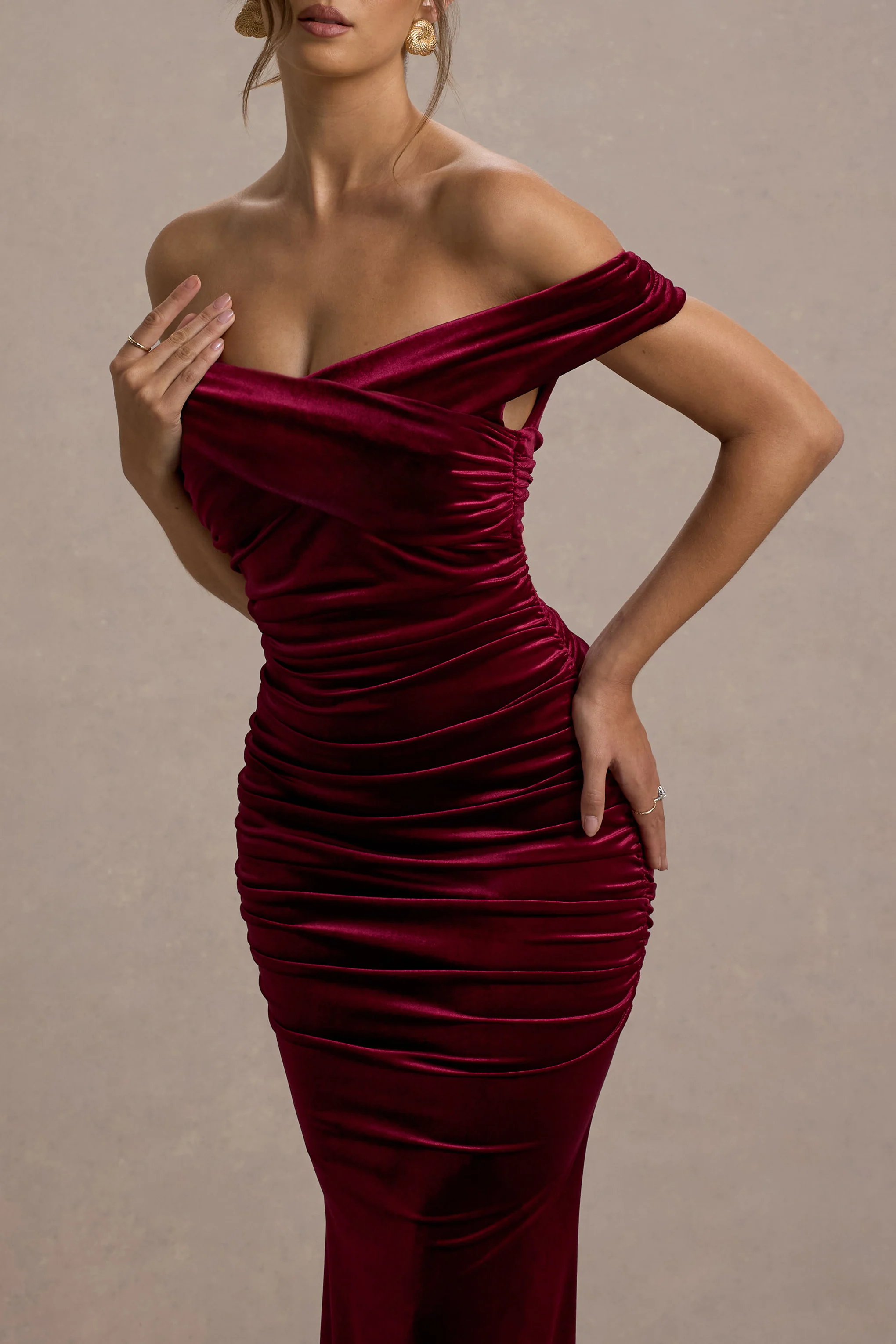 Apolline | Berry Velvet Off The Shoulder Ruched Fishtail Maxi Dress