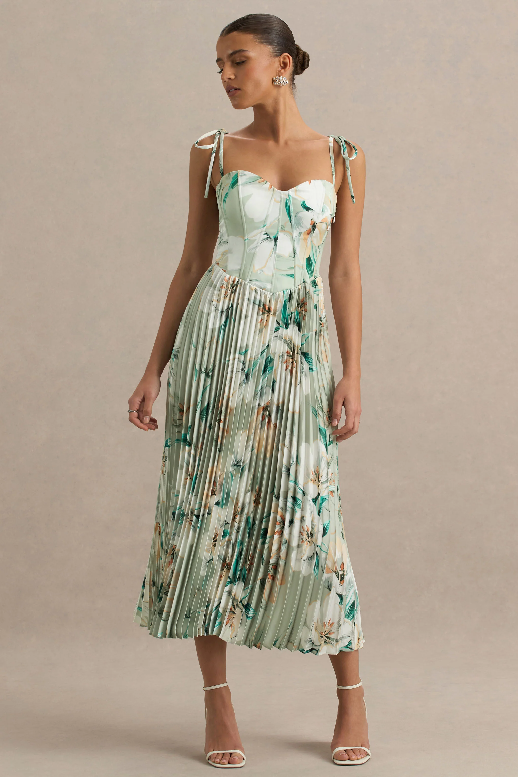 Peyton | Green Floral Print Satin Sweetheart-Neck Midi Dress With Pleated Details