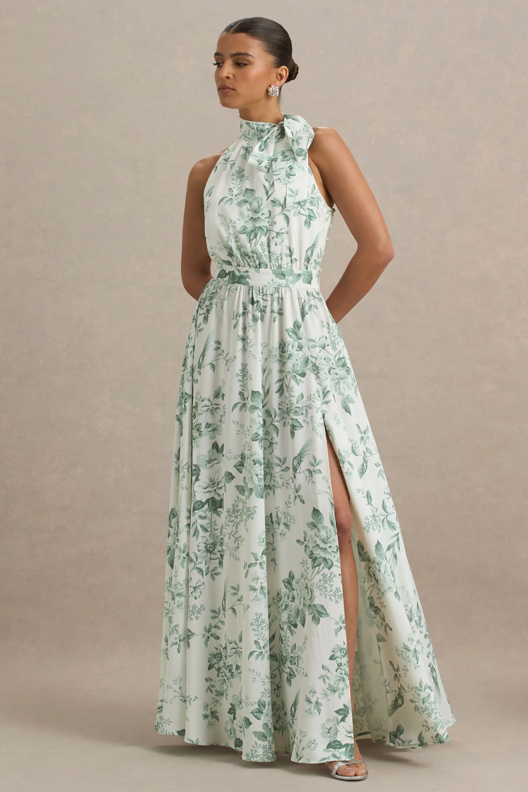 Talia | Green Floral Print High-Neck Maxi Dress With Front High Split