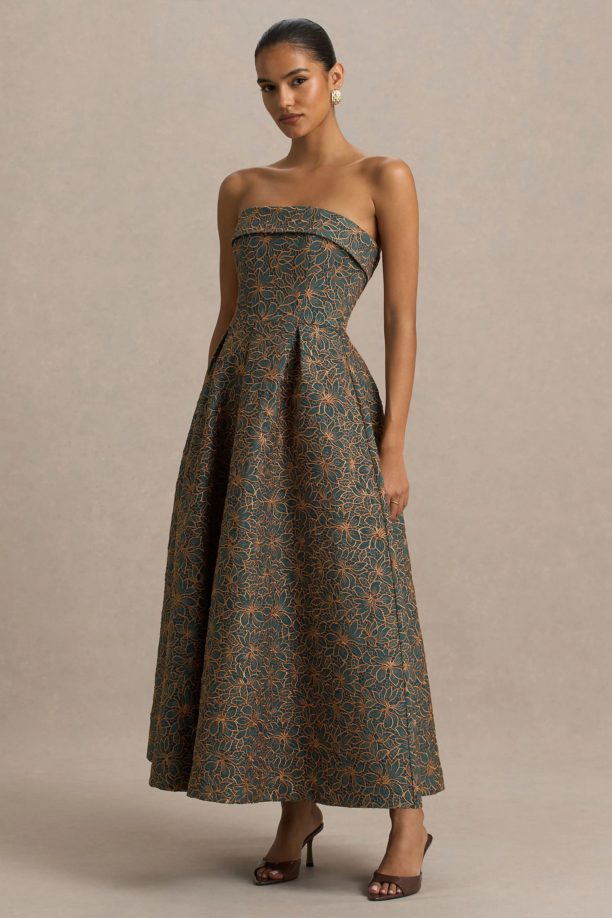 Loretta | Dark Green And Rust Embroidered Bandeau-Neck Midi Dress