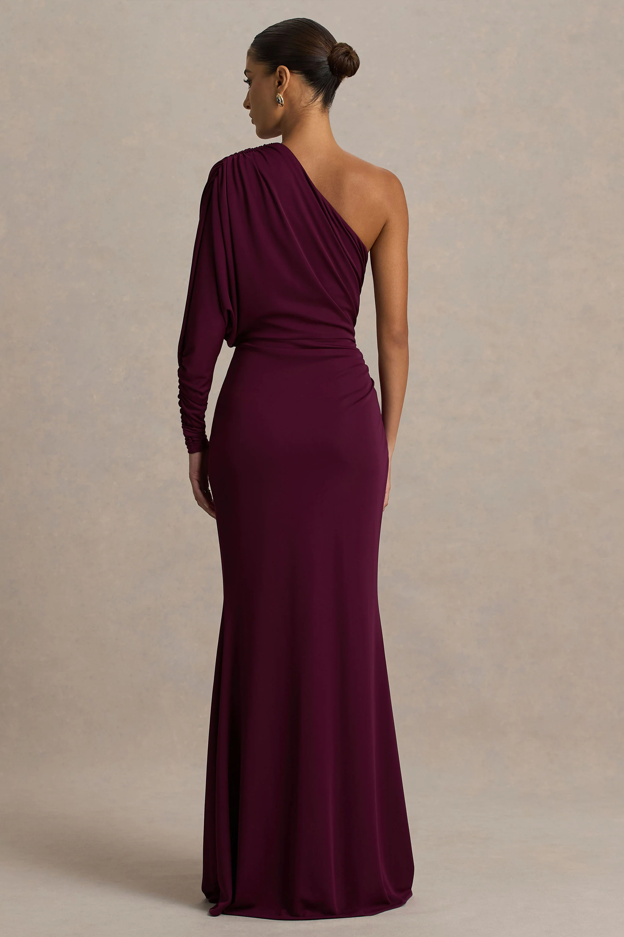 Lola | Burgundy Asymmetric-Neck Maxi Dress With Ruched Detailing And Front High-Split