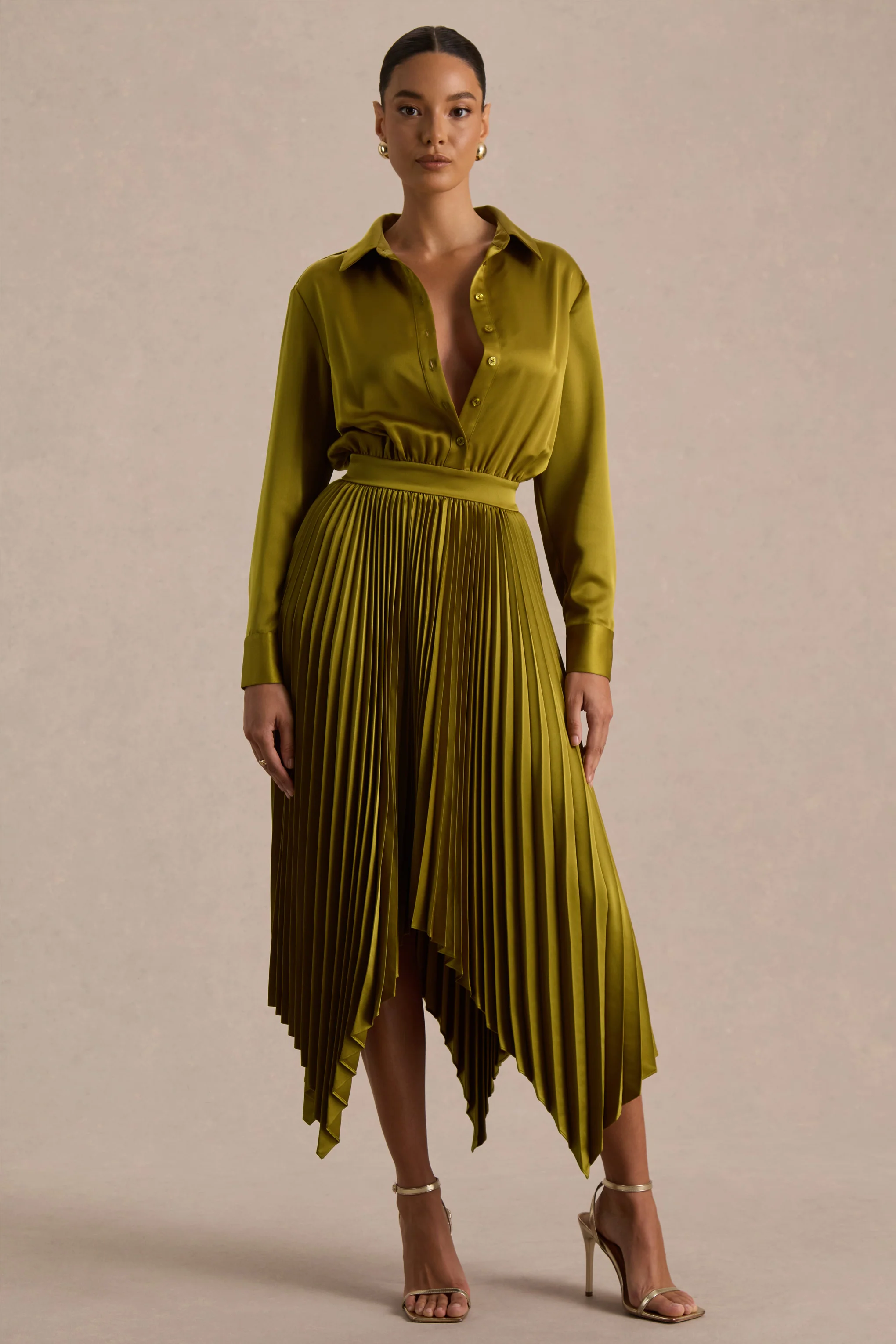 Naxos | Olive Satin Maxi Shirt Dress