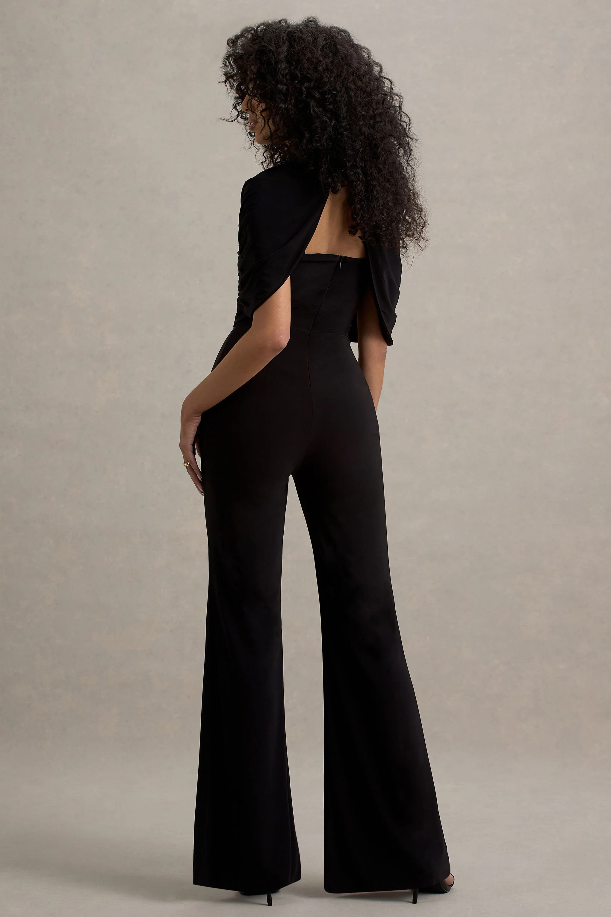 Isoline | Black Twist Cape Flared-Leg Jumpsuit