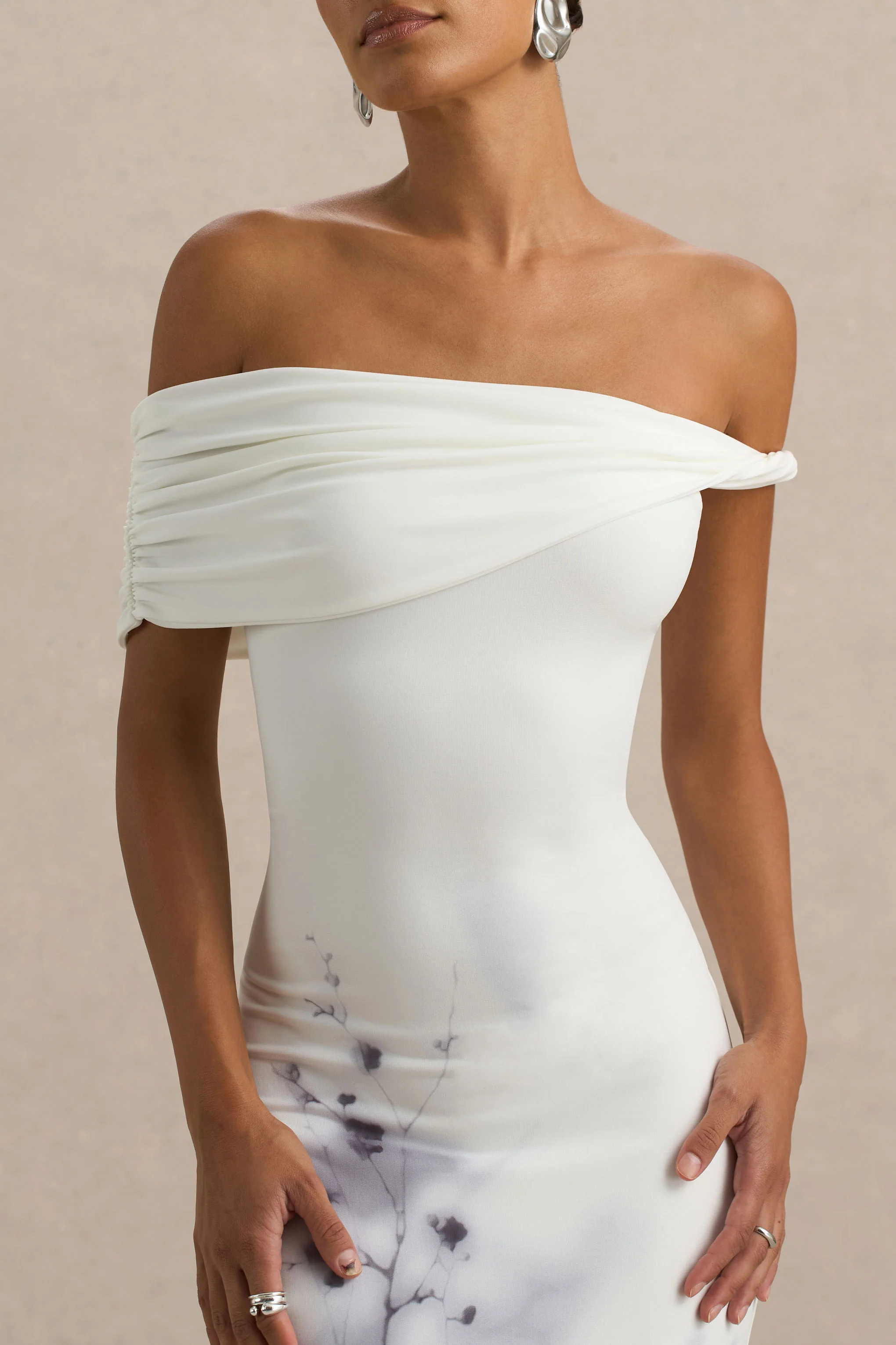 Sachi | White Print Twisted Bardot Maxi Dress