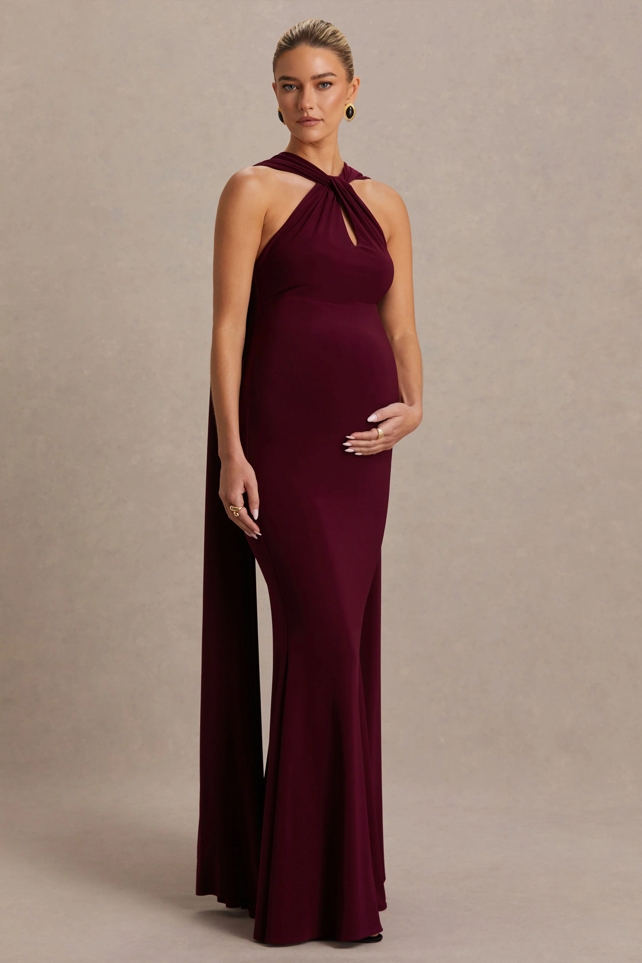 Lyra | Burgundy Cross Halter-Neck Maternity Maxi Dress With Cape