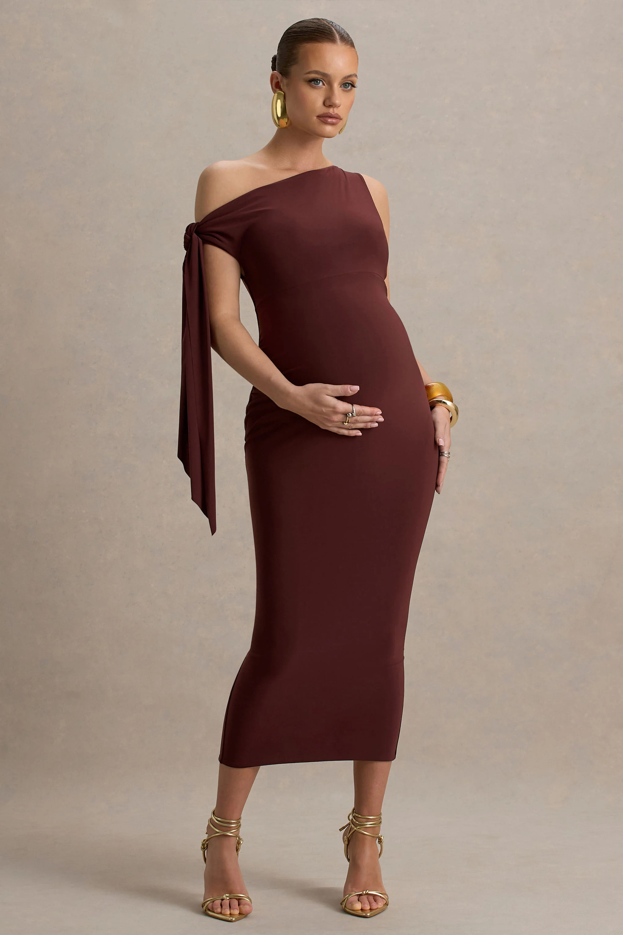 Katarine | Brown Asymmetric Knot Maternity Midi Dress