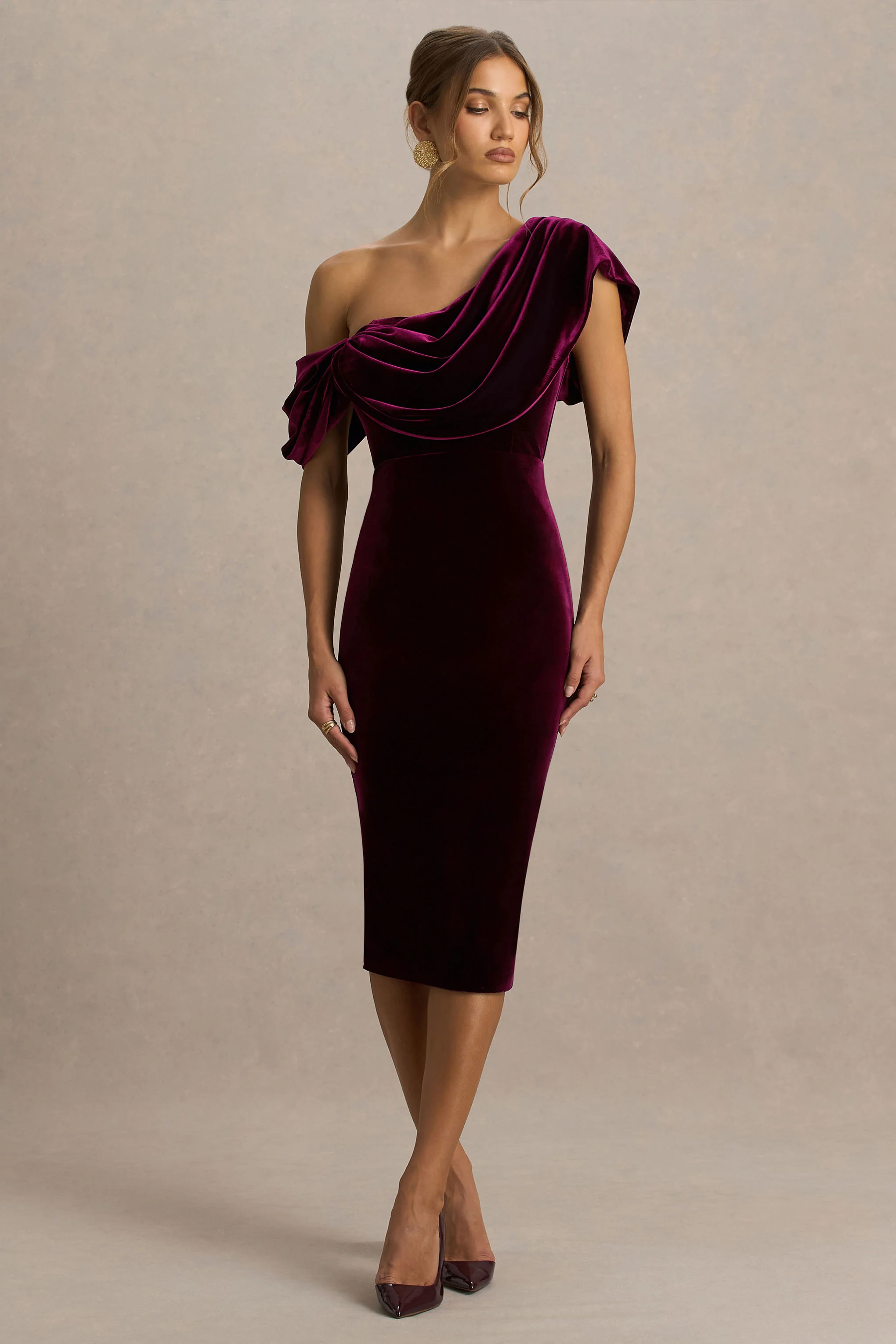 High End | Burgundy Velvet Asymmetric-Neck Midi Dress With Draped Detailing